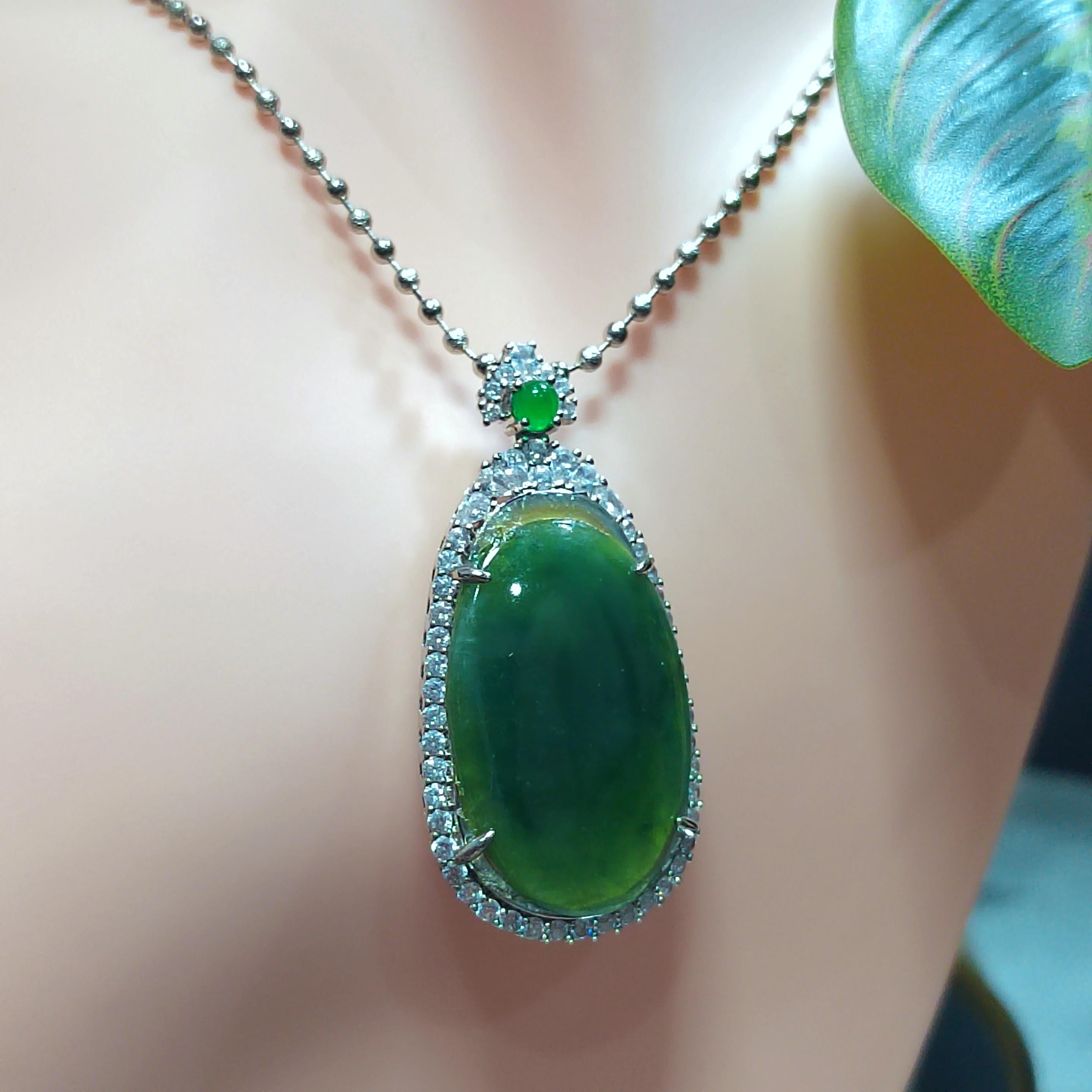 Certified Natural Burmese Necklace Dark Apple Green Jadeite with Zirconia Accents On 925 Silver Plated with 18K White Gold SL062 - SL Precious