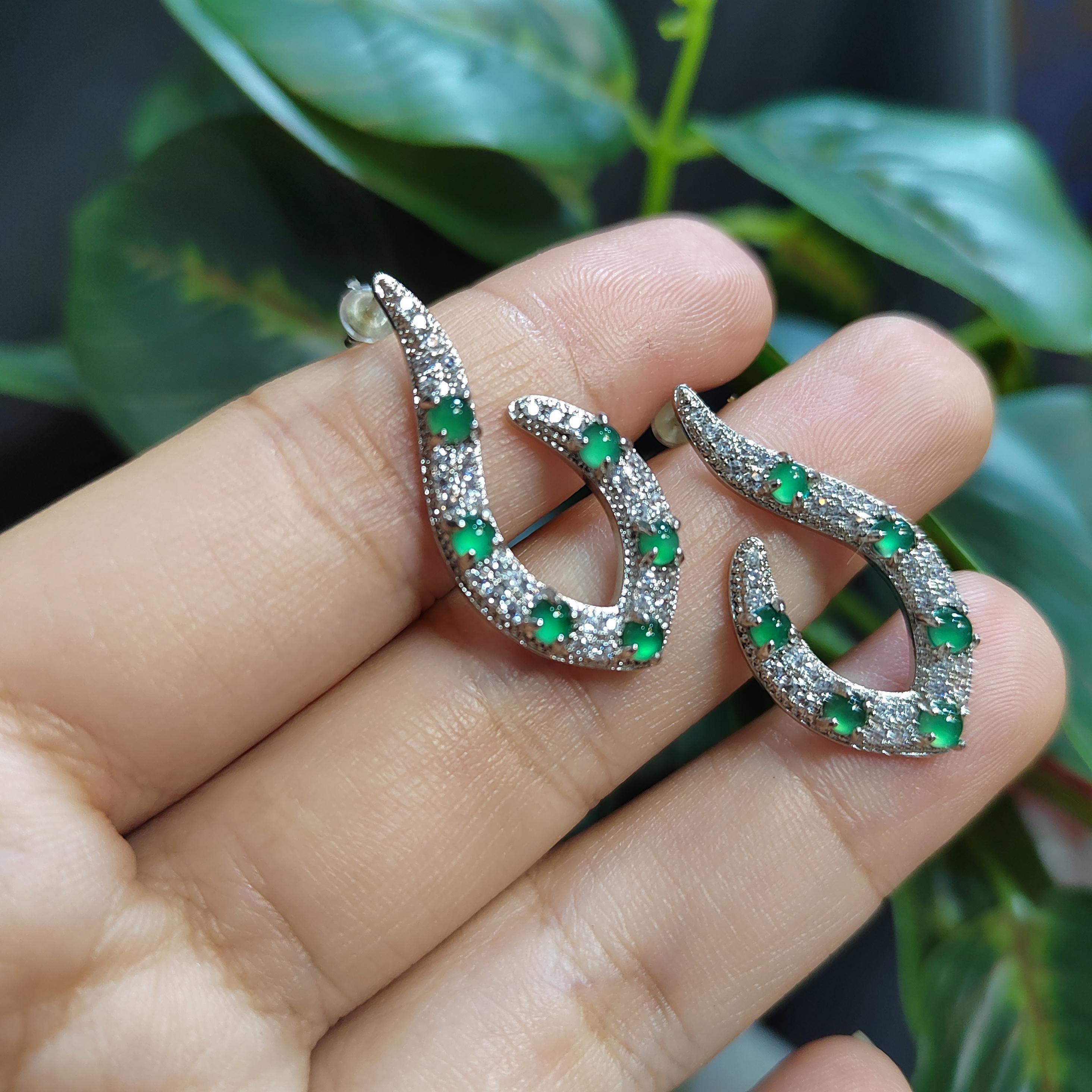 Elegant Jadeite Stud Earrings Design S925 Sterling Silver Guatemala Natural Ocean Blue Zirconia Natural Untreated For Her SL010 - SL Precious