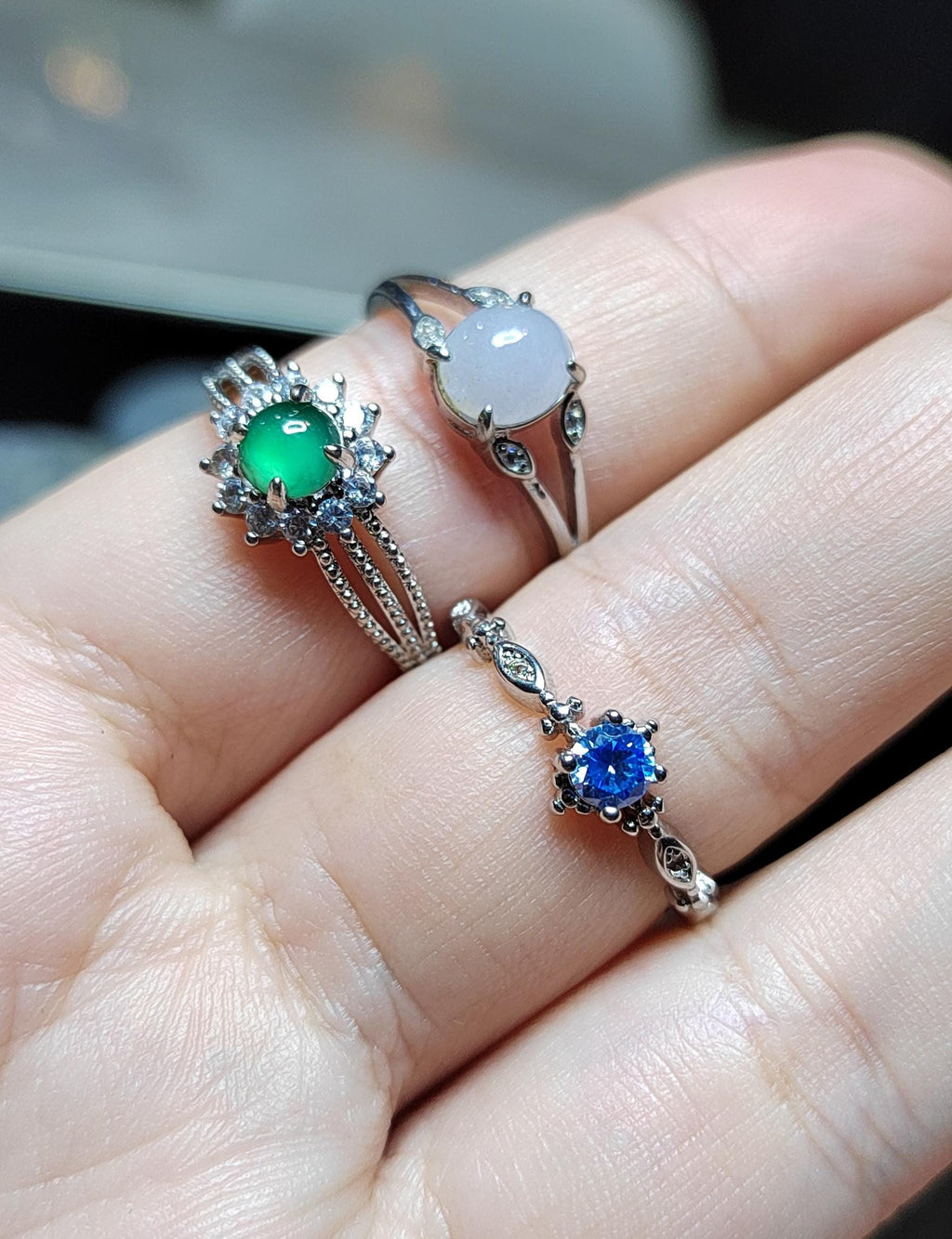 3pcs Set – Burmese White Jadeite, Guatemala Green Jadeite & Blue Topaz Rings | S925 Silver | Elegant Mixed Energy Trio | SL408