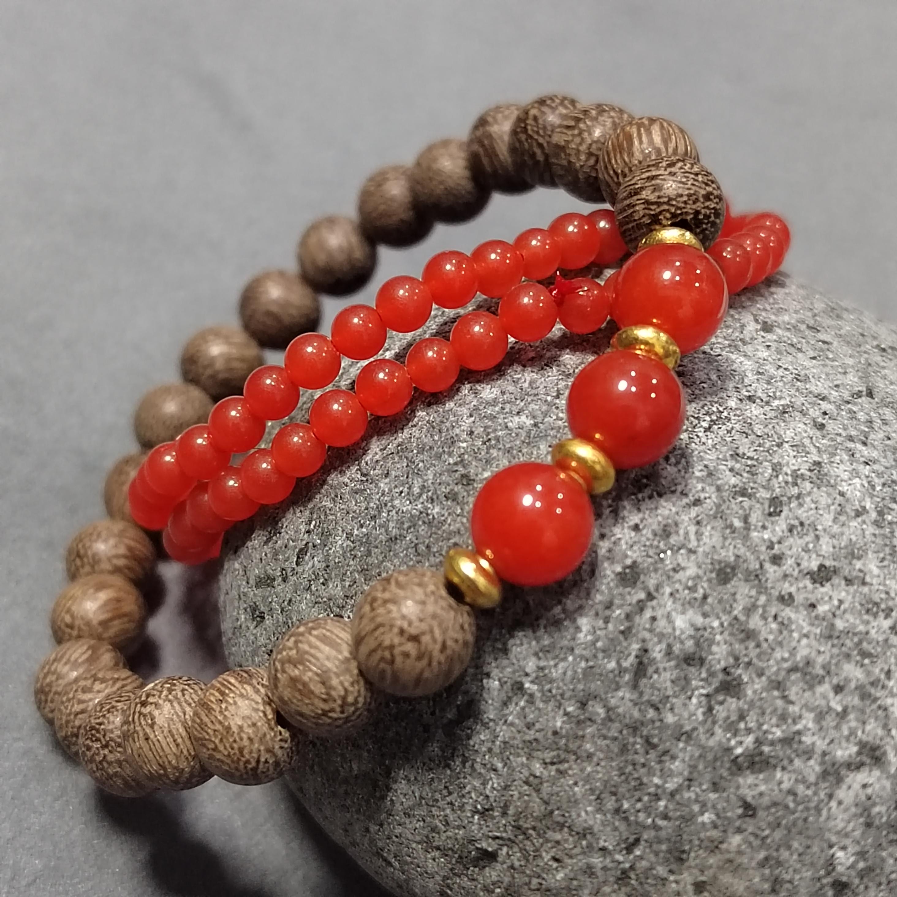 Natural Yunna Baoshan Persimmon Icy Red Nanhong Agate| Natural Agarwood Bead Bracelet 2pcs Set Stacked Design SL393