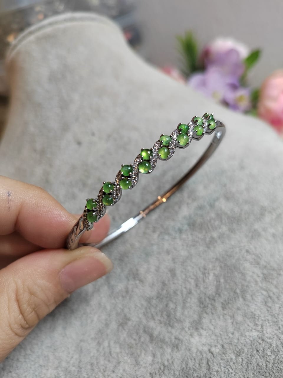 Sterling Silver Burmese Jadeite Bangle: Green Apple Zirconia Bracelet SL8013B - SL Precious