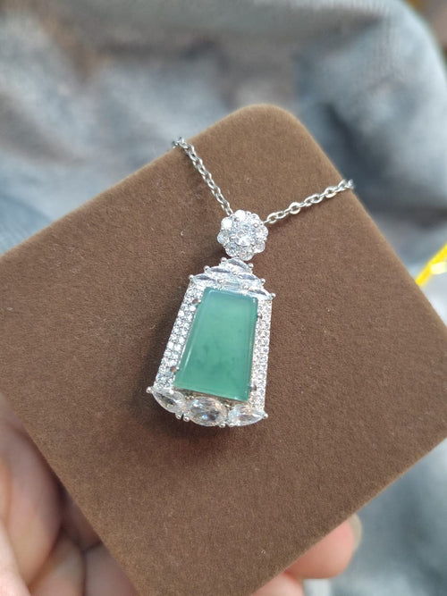 A-Grade Gemstone Elegant Guatemala Green Ocean Flat Cut Jade Pendant Necklace | Brass Plating & Zirconia | For Her SL8009 SL Precious