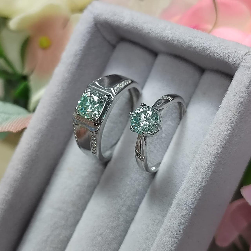 Light Blue Moissanite Couple Rings with Zircon Accents Set 925 Silver Plated with 18K White Gold Wedding-Engagement - Birthday Gifts SL090 - SL Precious