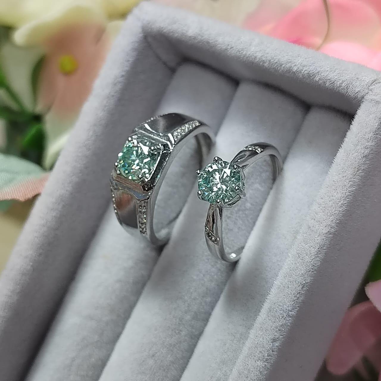Light Blue Moissanite Couple Rings with Zircon Accents Set 925 Silver Plated with 18K White Gold Wedding-Engagement - Birthday Gifts SL090 - SL Precious
