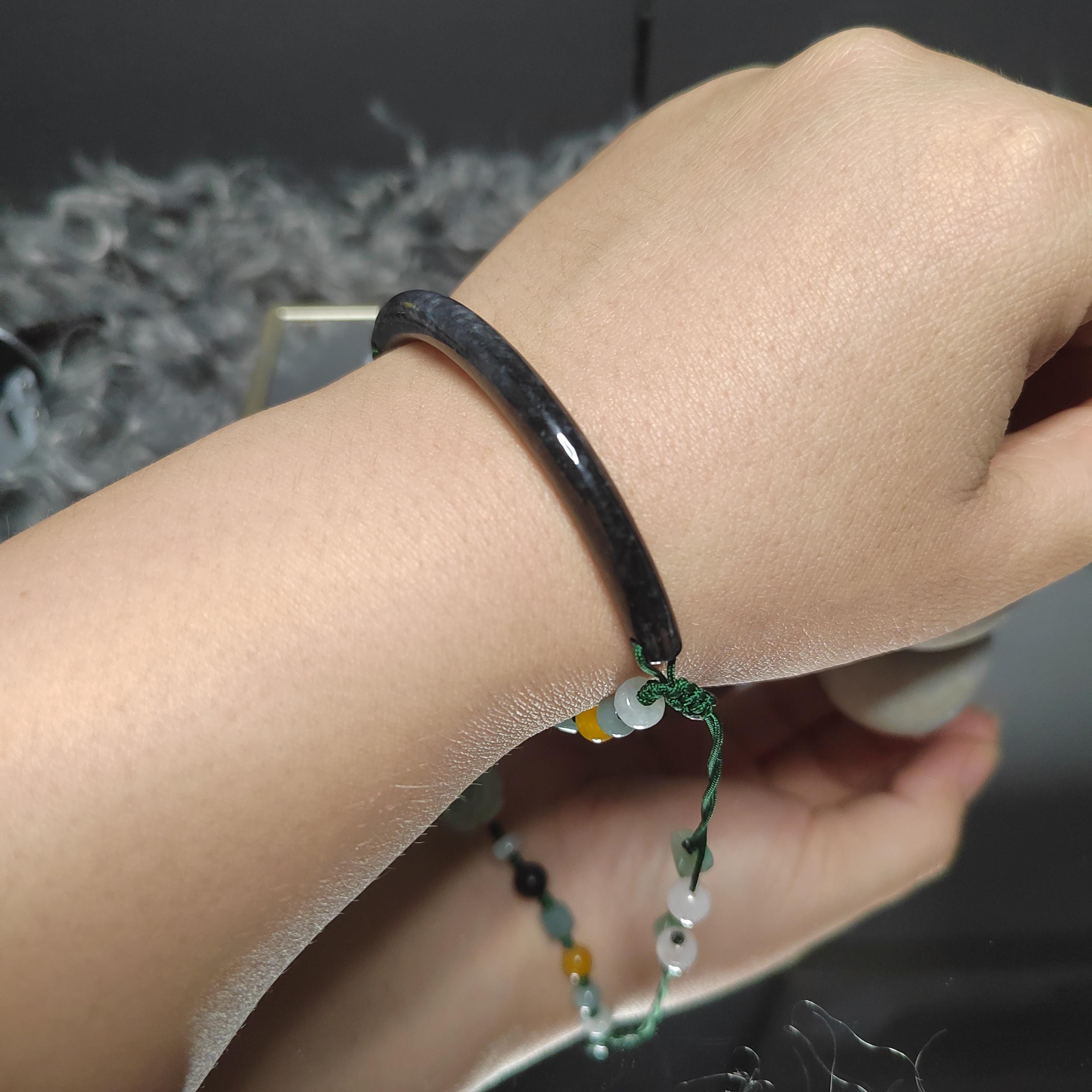 Certified A-Grade Natural Untreated Burmese Wuji Black Grey Half Bangle Bracelet | Nanhong Agate & Wax Amber Handmade Design SL289