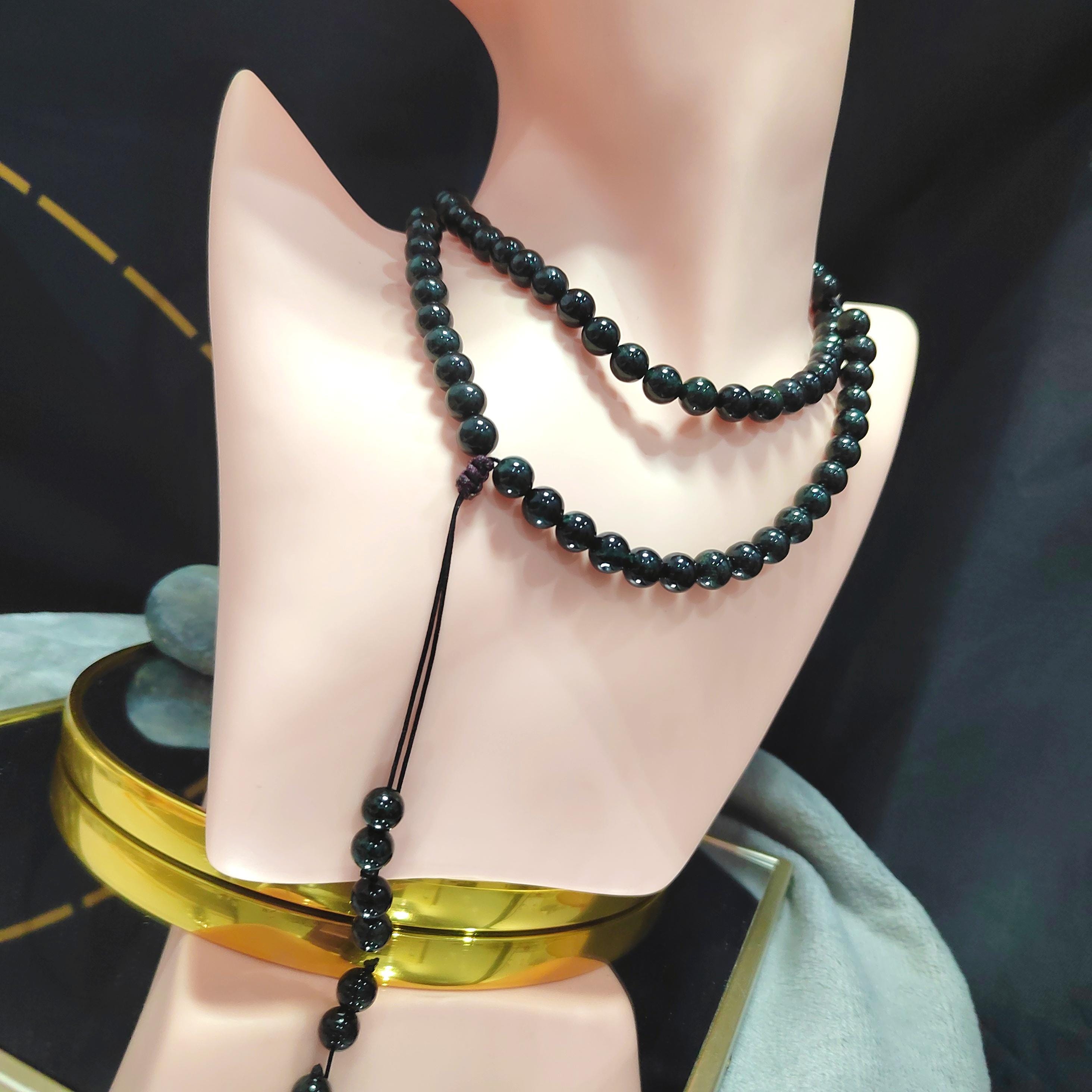 Burmese Black Ink Jadeite Bead Necklace: Natural A-Grade, 8mm FREE 10mm Bead Bracelet SL361NB