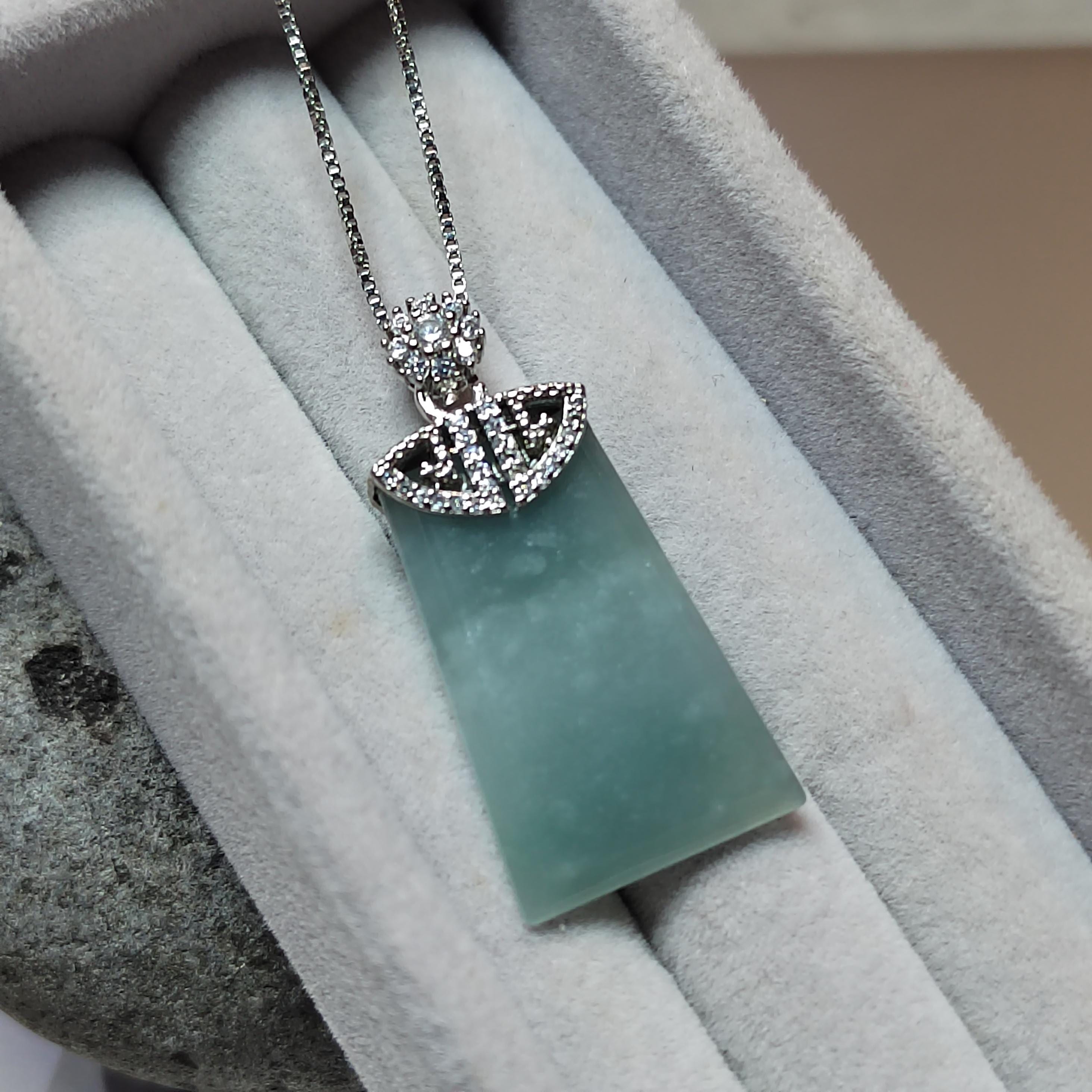 Guatemala Icy White Green Blue Sky Trapezoid Jadeite Pendant | A-Grade Natural | Women & Men | Zirconia Accents SL041 - SL Precious
