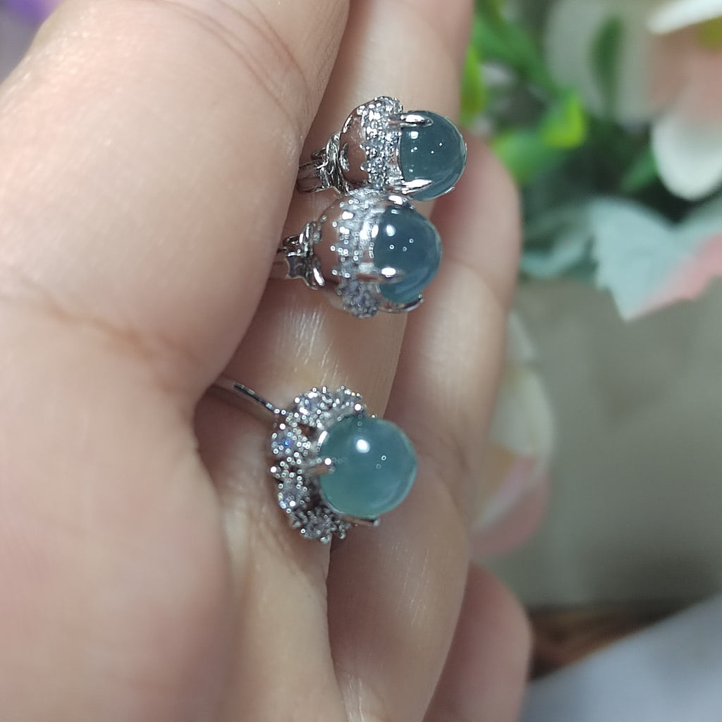 Round Ocean Blue 2pcs Set Earring & Ring Light Bump A Grade Natural Gemstone  Guatemala Jadeite For Her Minimalist SL075 - SL Precious