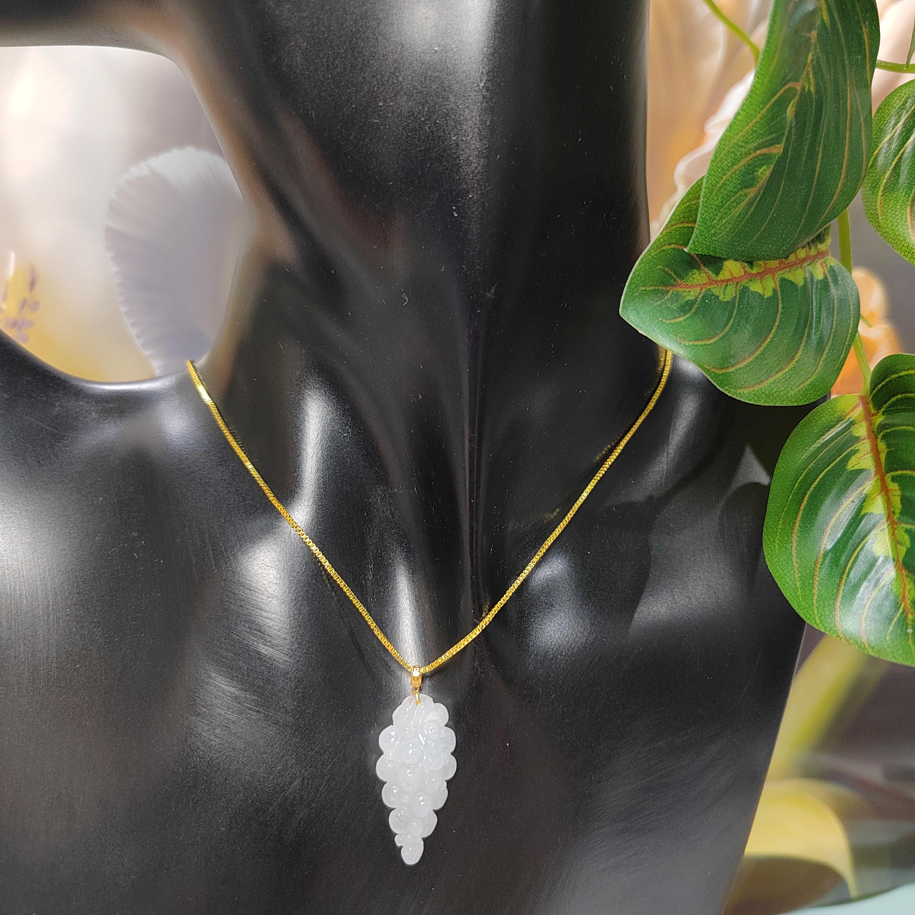 Burmese Natural A Grade White Jadeite Grapes Carved Gemstone with 18K Solid Yellow Gold Setting - Gifts for Her, SL025