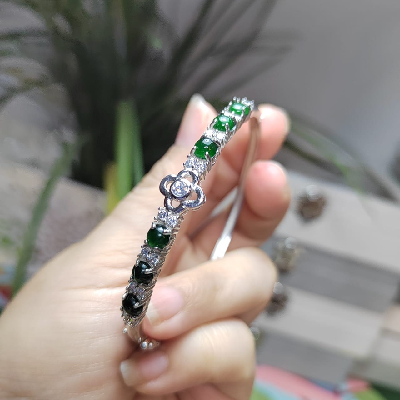 6 Spherical Dark Green Guatemala Jadeite & Zirconia Bangle | 925 Silver | Elegant Design SL037