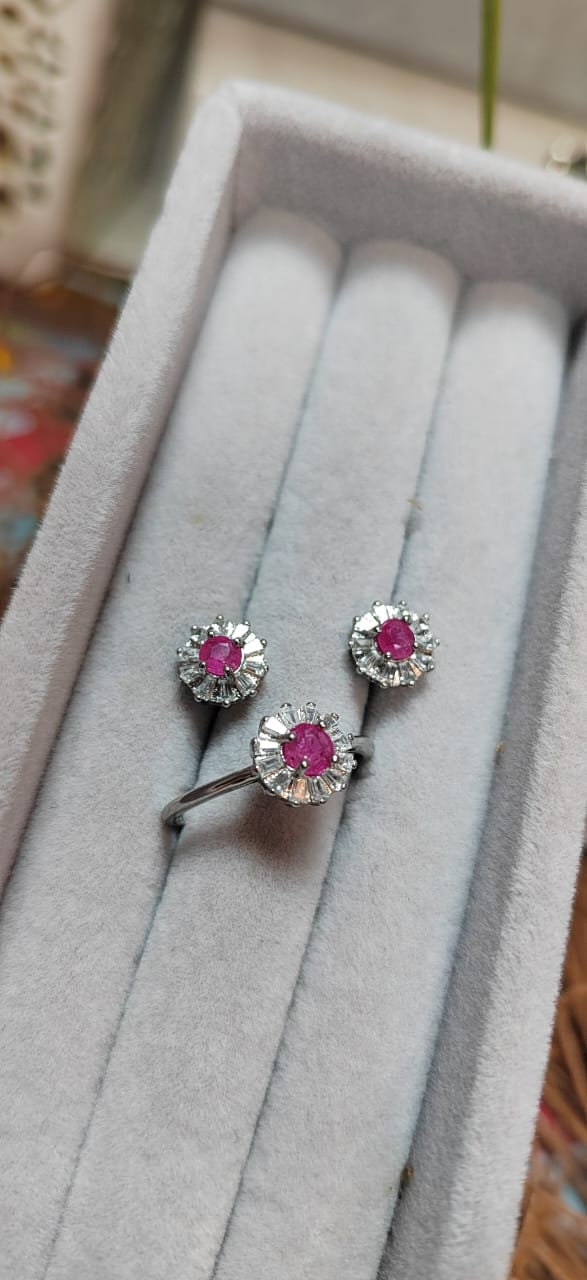 Untreated Natural Mogok Burmese Ruby with Zirconia Accent S925 Silver Earring & Ring Set SL055