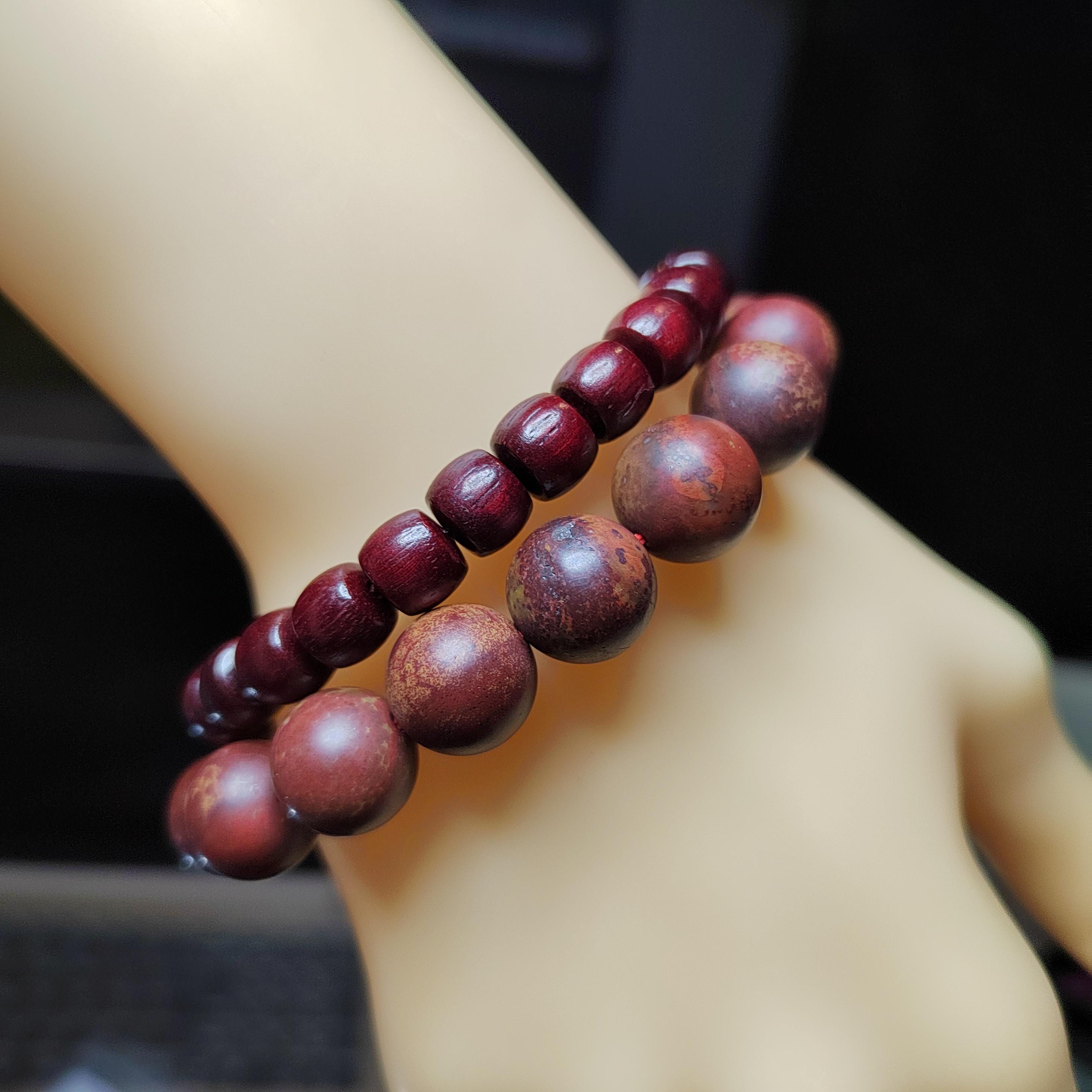 Blood Sandalwood & Certified Wujia Red Agate 2-Piece Bracelet Set | 12.4mm Beads  45.85g With Certificate | SL413