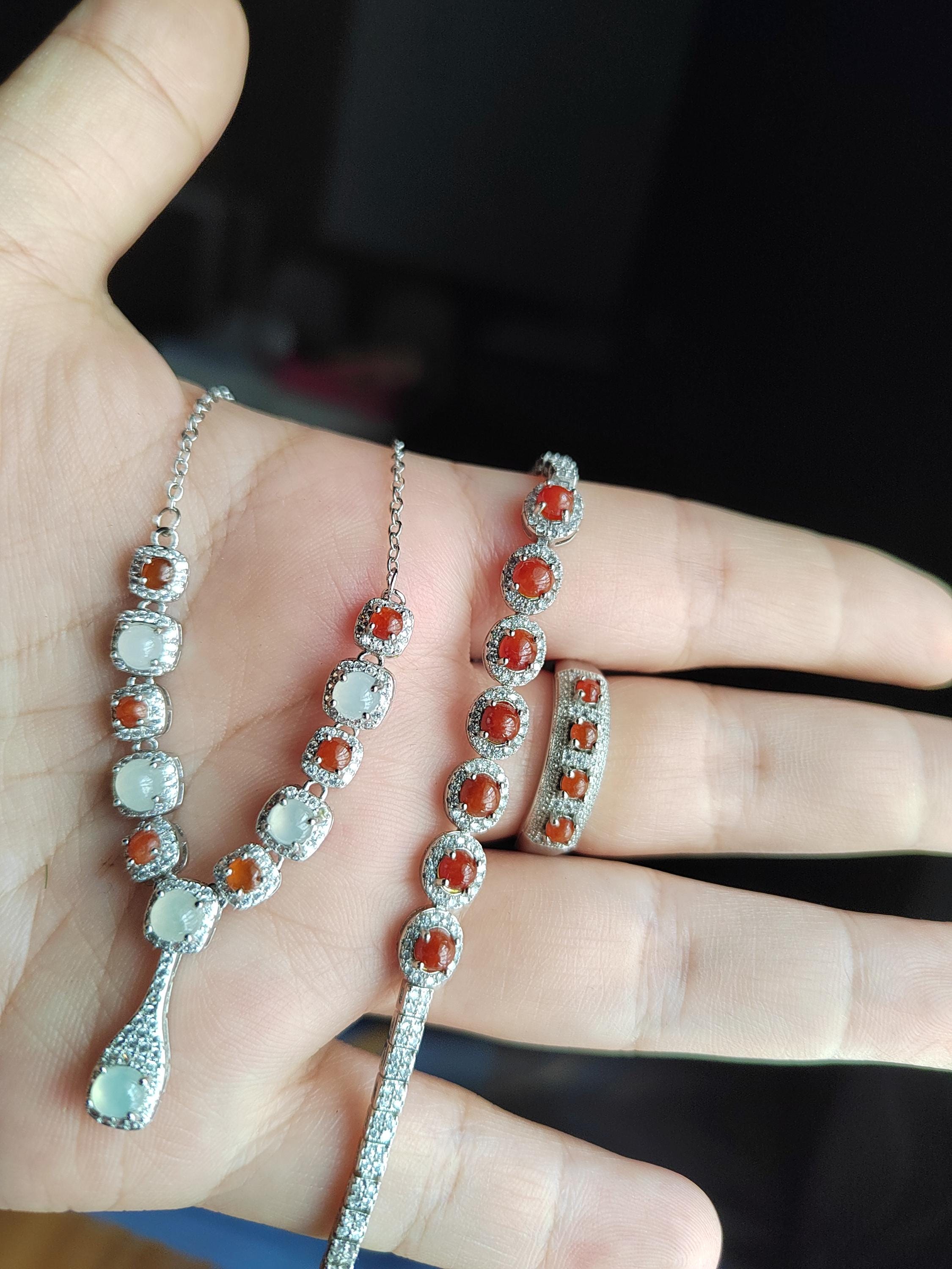 Women 3 pcs Set Necklaces, Bracelets, Ring  Elegant Burmese A Grade Red/white Icy Natural Jadeite Zirconia Stone S925 Silver For Her SL131 - SL Precious