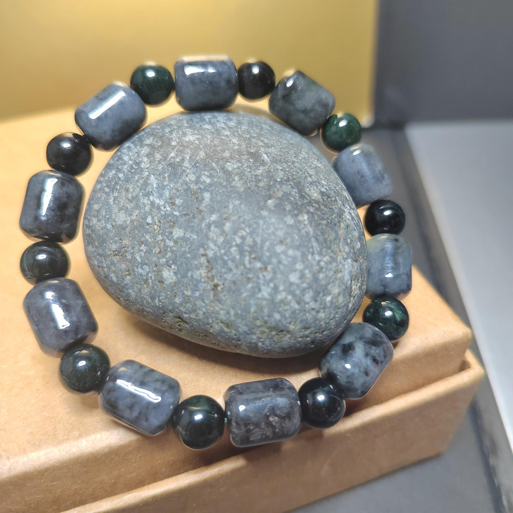 Natural Certified Burmese Cylinder Black/Grey Wuji & Round Bead Black Ink Jadeite Bracelet SL229 - SL Precious