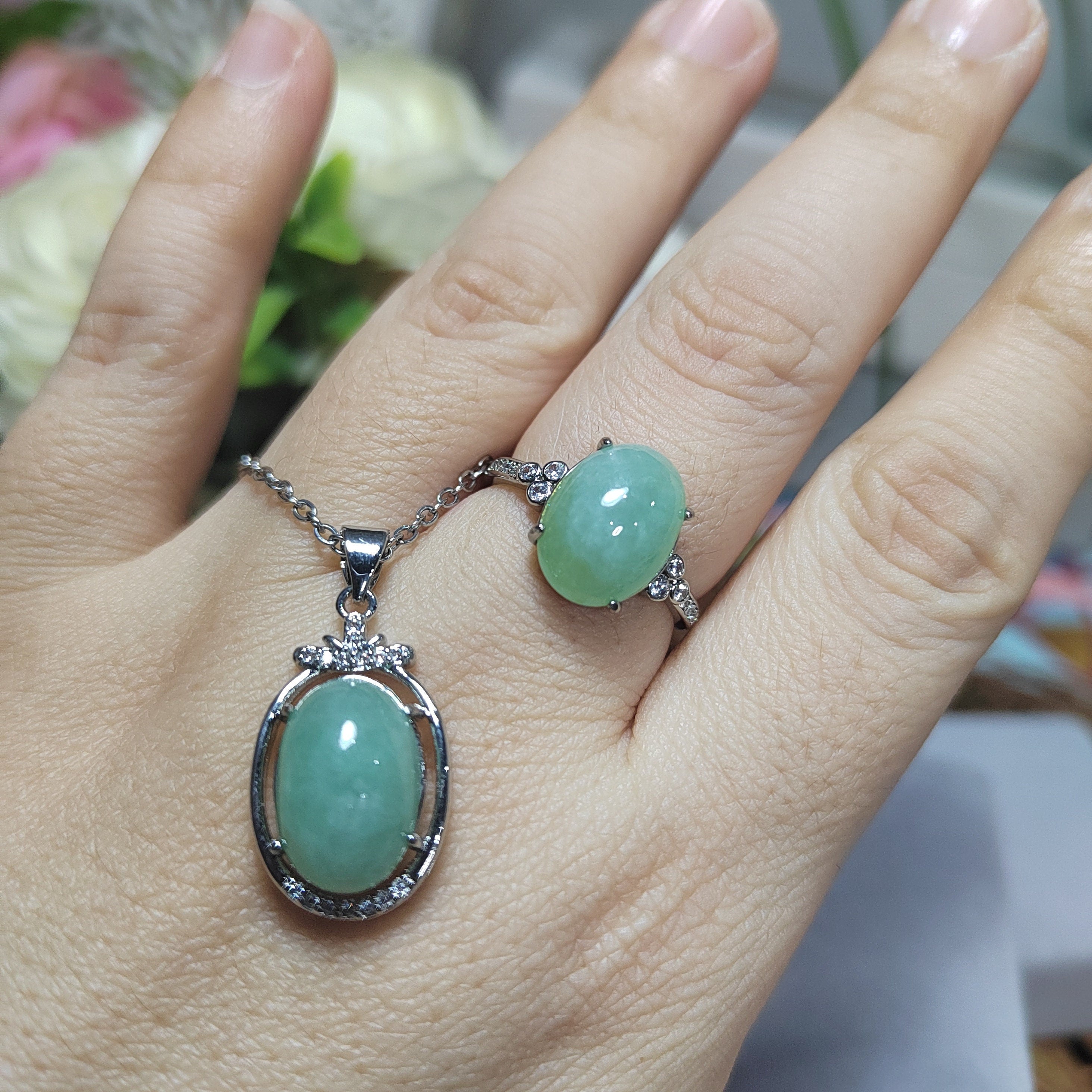 Burmese Natural Gemstone Untreated Light Apple Green Pendant and Ring 2pcs Set Jewellery For Her Minimalist Design SL070