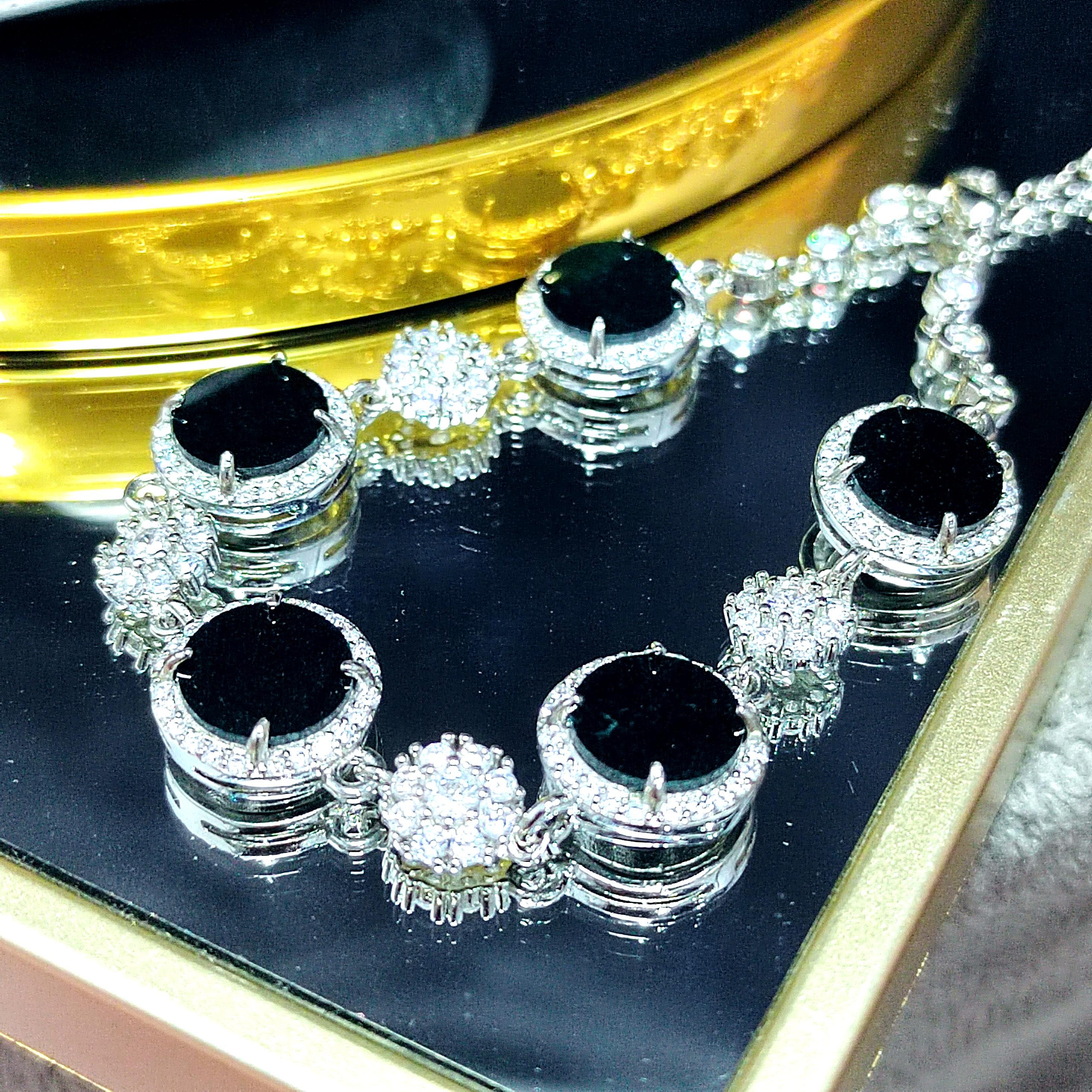 Certified Unique Natural Untreated Burmese Black Ink Jadeite Bracelet Full with Zircon Stone Set SL373