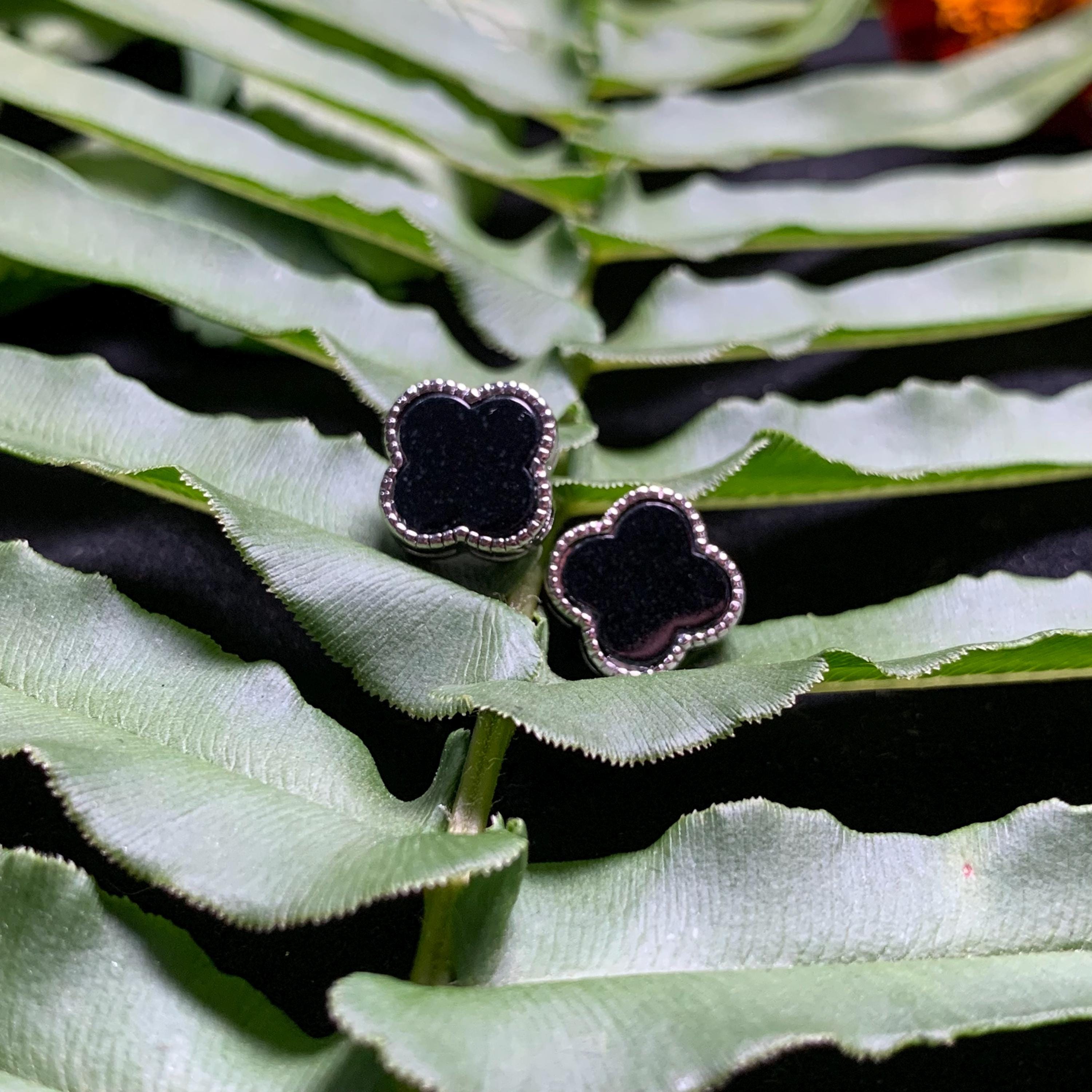 Certified A-Grade Minimalist Natural Untreated Burmese Black Ink Jadeite S925 Lucky Flower  Stud Earrings Jadeite SL257X16