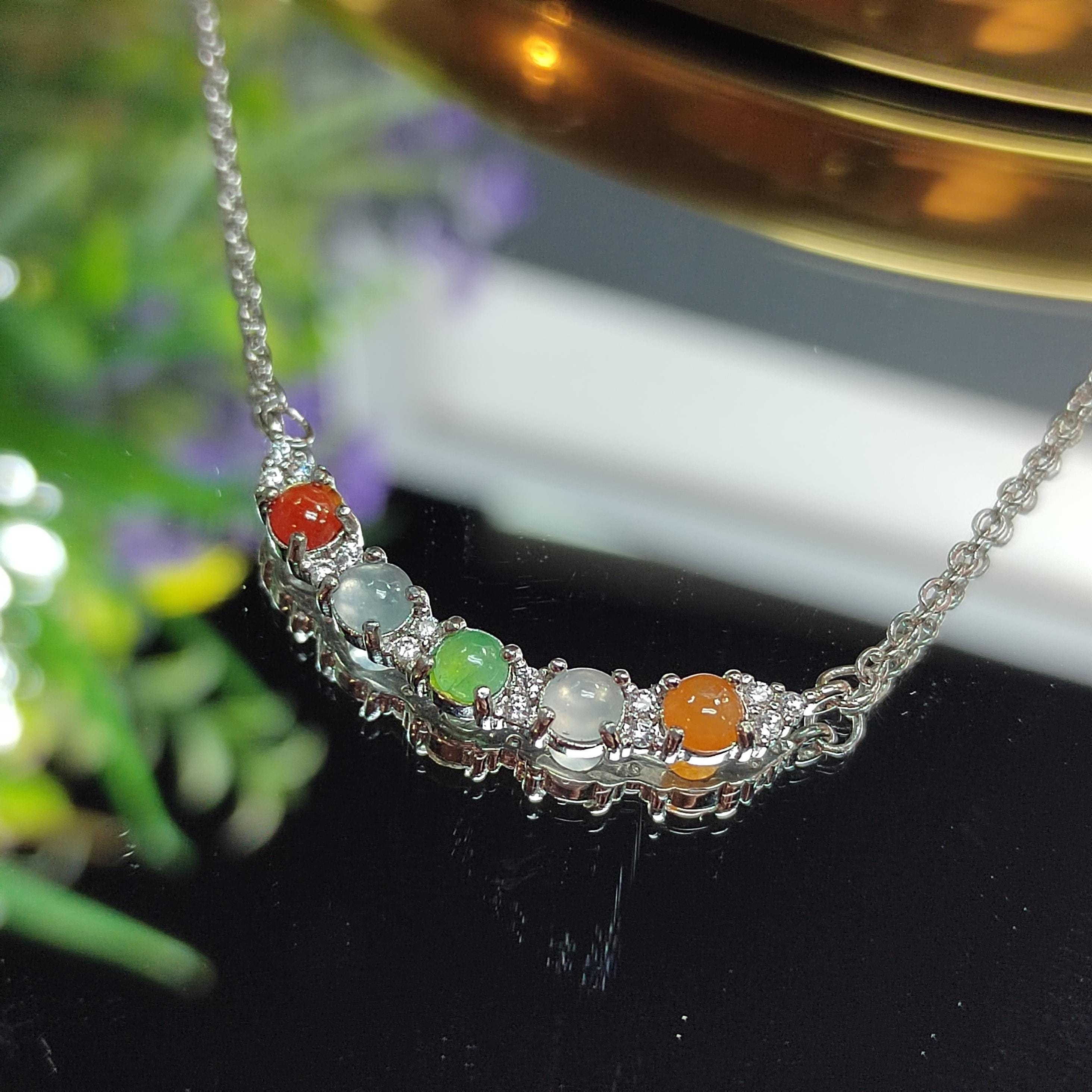 Five Color Icy Clean A-Grade Burmese Minimalist Pendant Necklaces Jadeite 925 Sterling Silver with 18k White Gold Plated SL074 - SL Precious