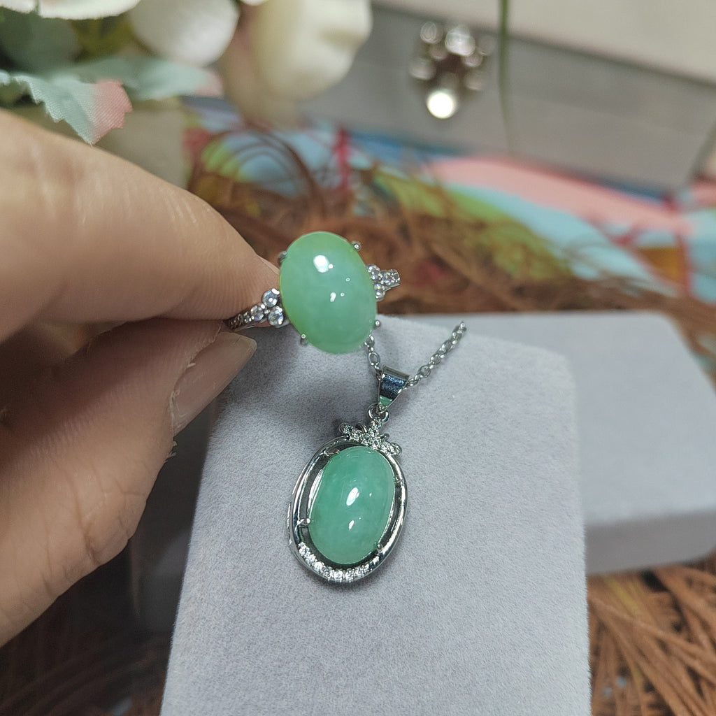 Burmese Natural Gemstone Untreated Light Apple Green Pendant and Ring 2pcs Set Jewellery For Her Minimalist Design SL070