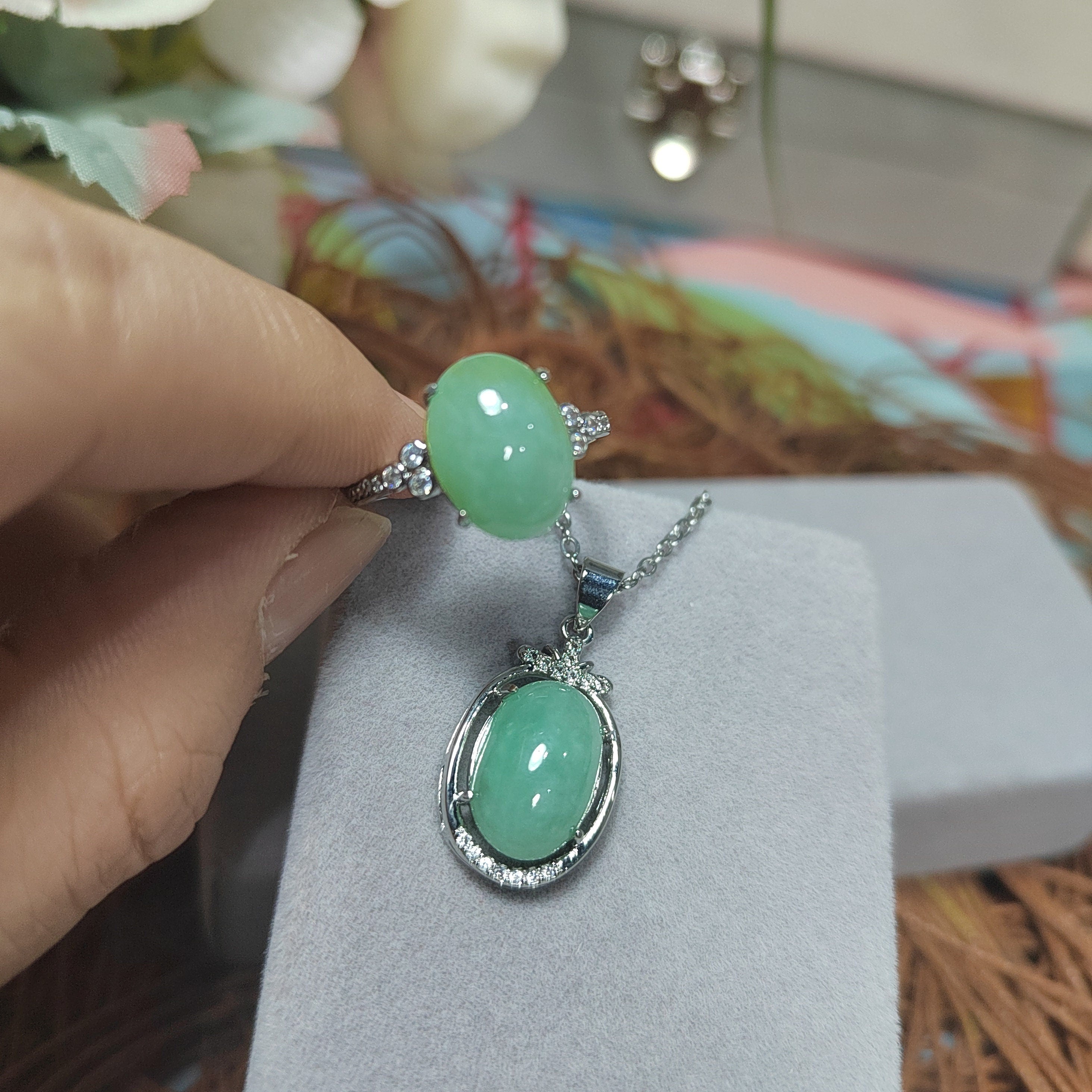 Burmese Natural Gemstone Untreated Light Apple Green Pendant and Ring 2pcs Set Jewellery For Her Minimalist Design SL070