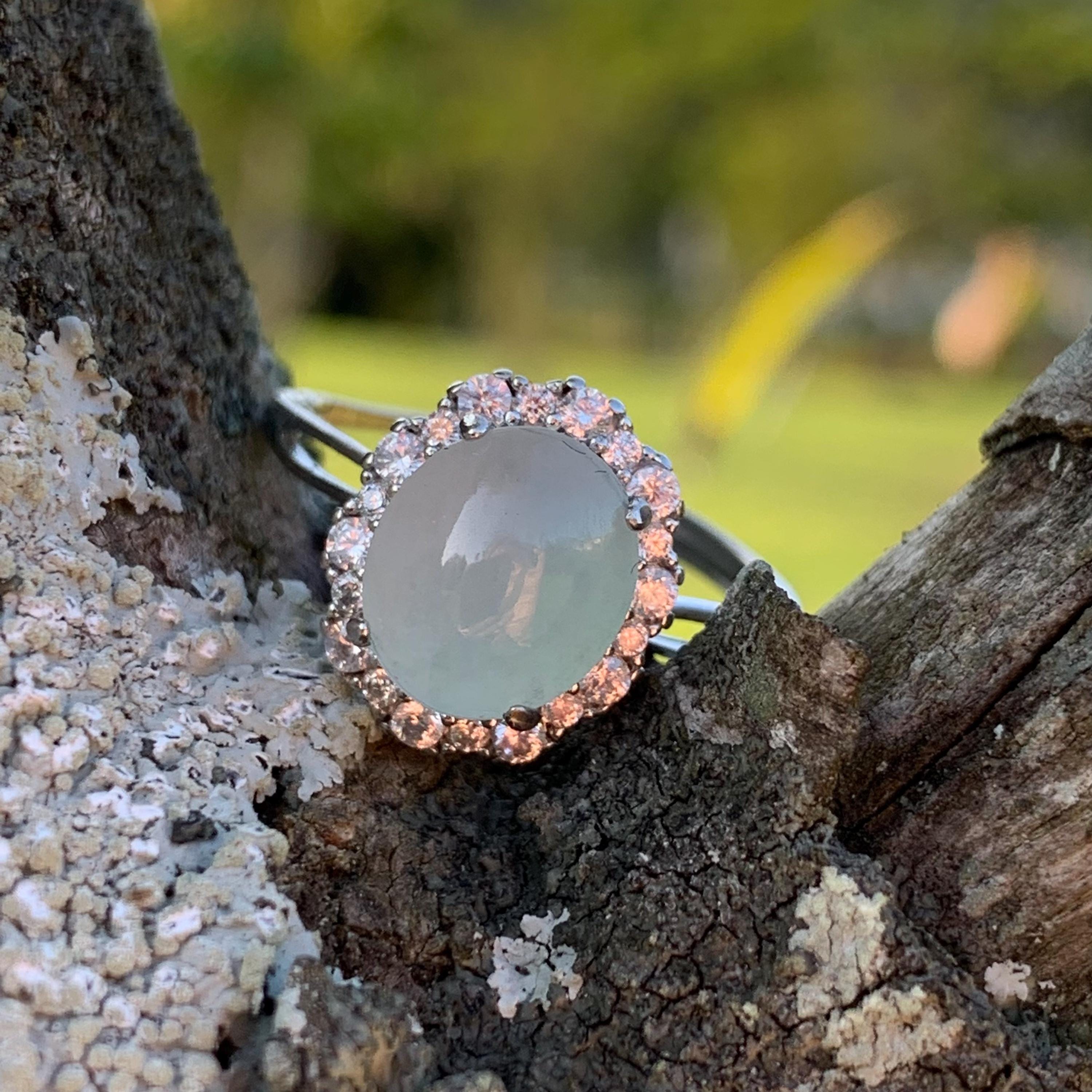 Certified Elegant Natural Untreated Burmese White Icy Jadeite Zircon Set S925 Sterling Silver Ring Engagement, Wedding, Any Occasion SL249X8 - SL Precious