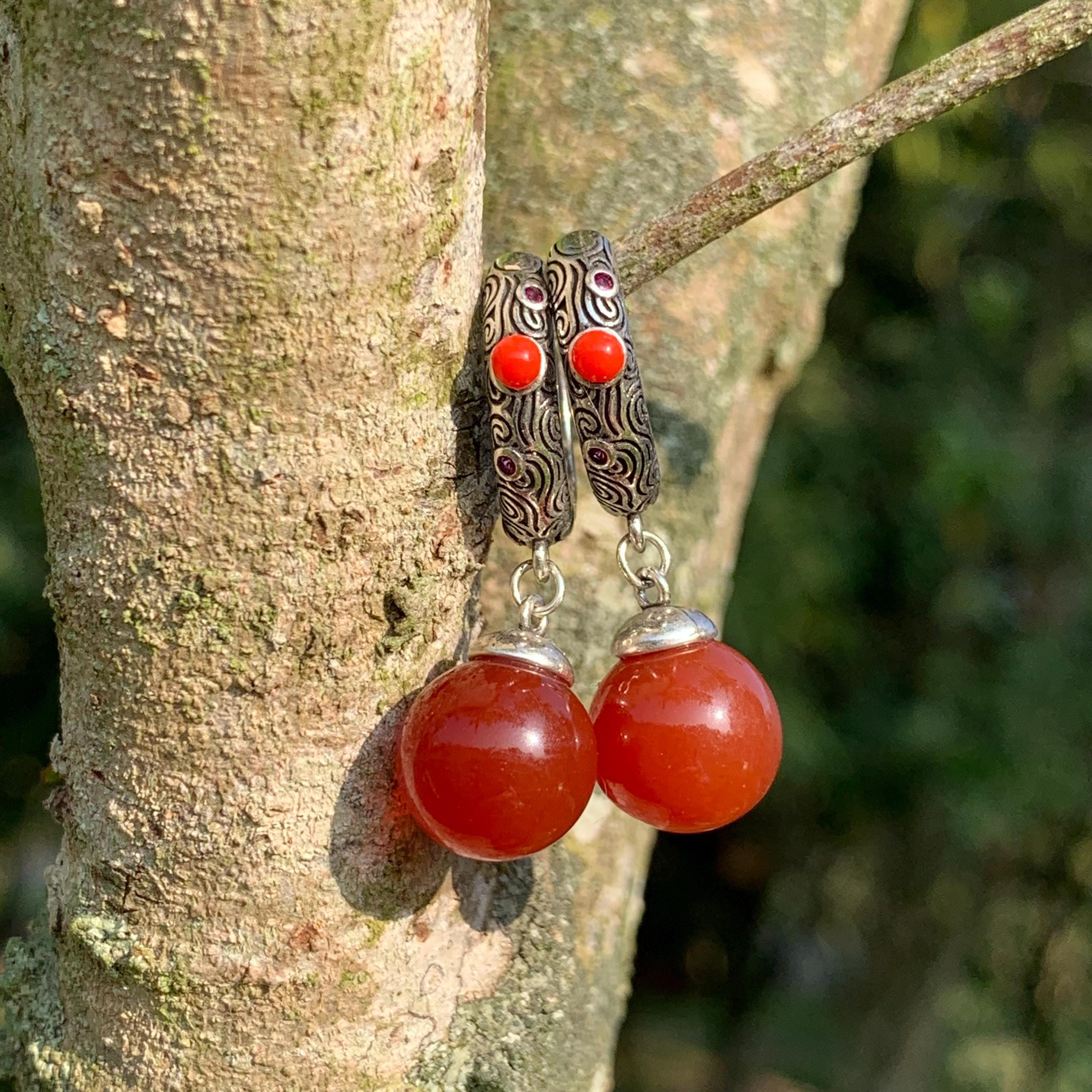 Elegant S925 Silver Design Hoop/Dangle Earrings | Certified A-Grade Natural Baoshan Southern Red Nanhong Agate SL256X15