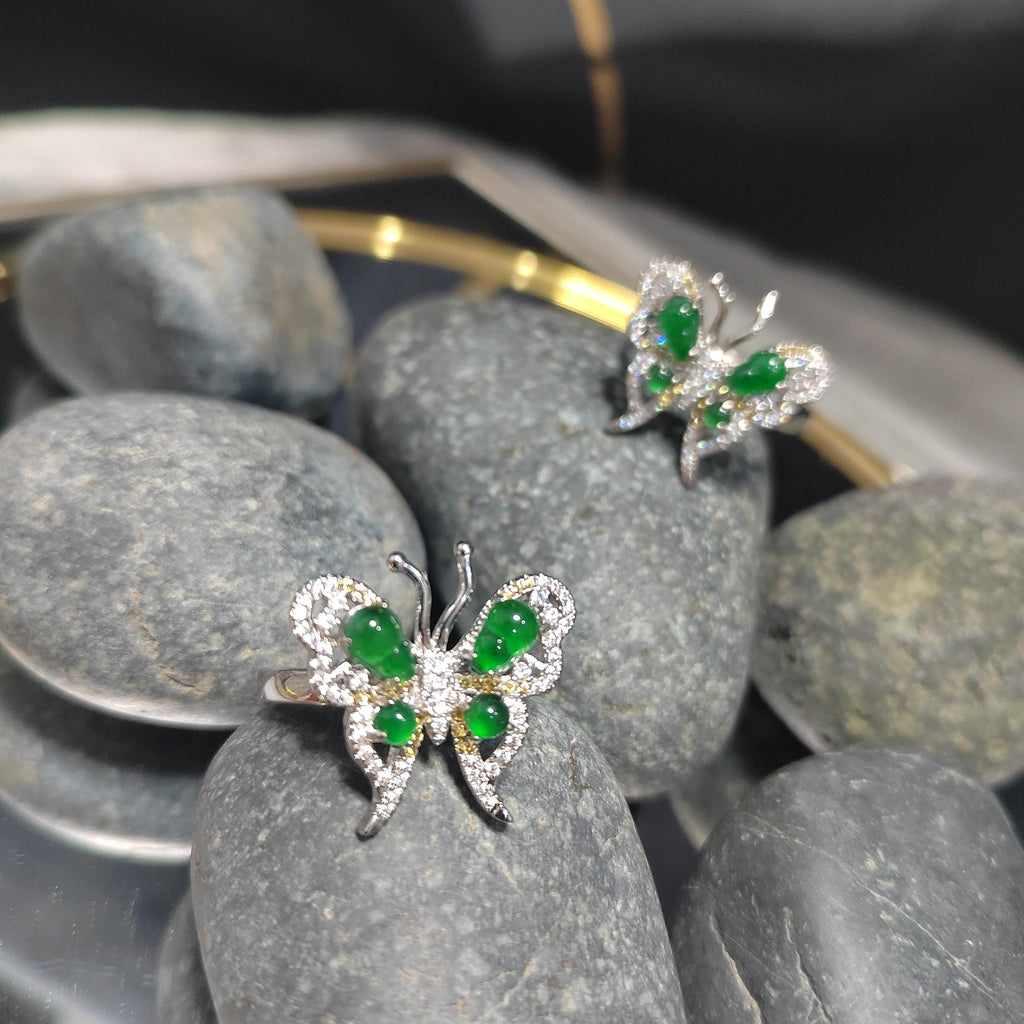Certified Natural Untreated Burmese Imperial Green Elegant Butterfly Zircon S925 2 Tones Silver Gold Jadeite Ring(1pc) SL367x35