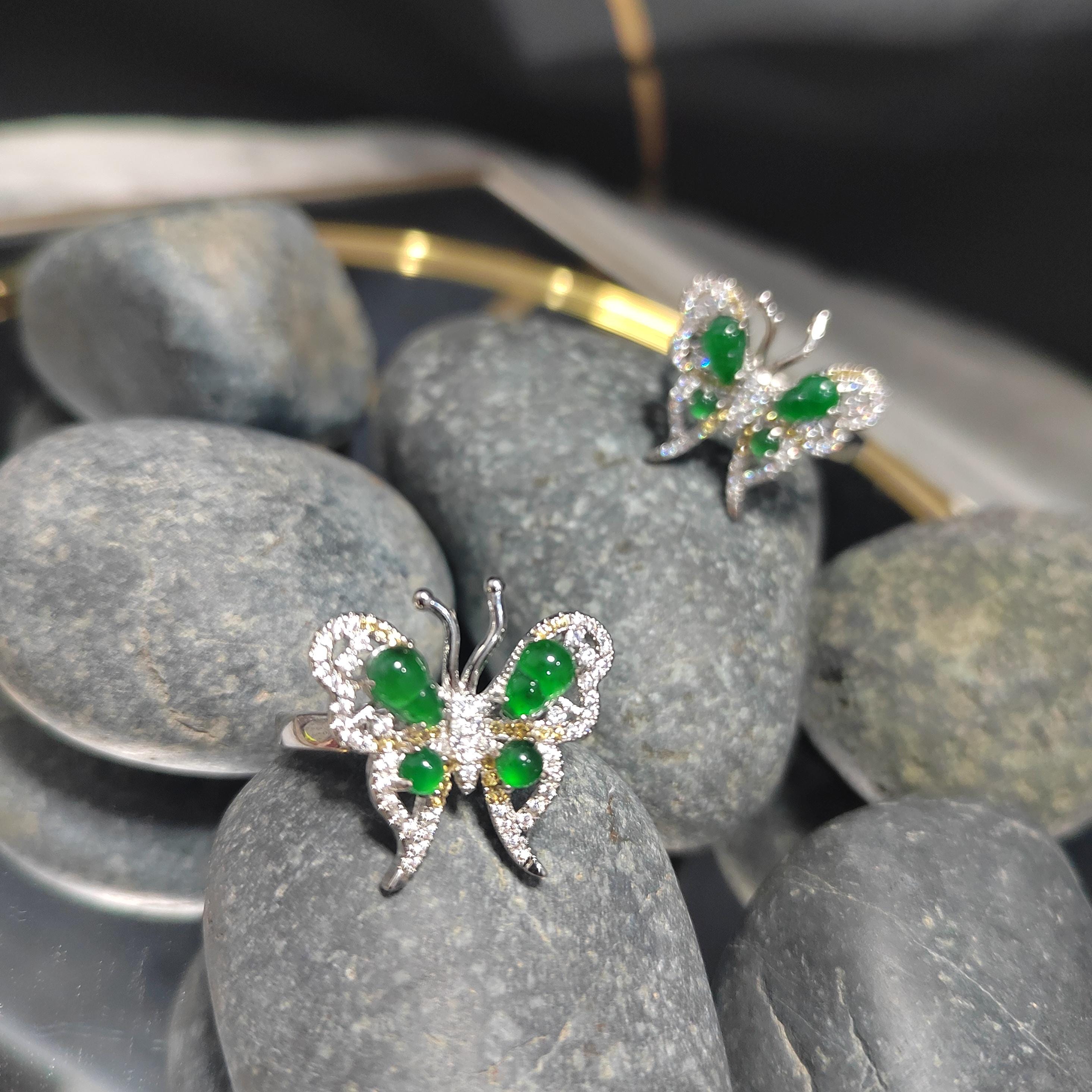 Certified Natural Untreated Burmese Imperial Green Elegant Butterfly Zircon S925 2 Tones Silver Gold Jadeite Ring(1pc) SL367x35