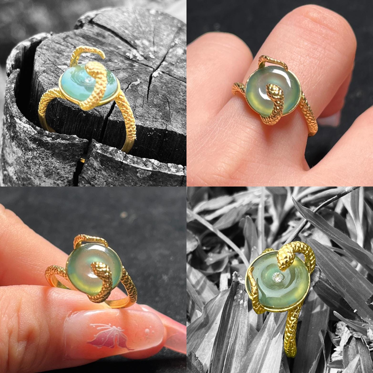 Certified Natural Untreated Guatemala Ocean Blue Donut Snake Jadeite 14k Gold Plated on S925 Sterling Silver Ring SL370x38