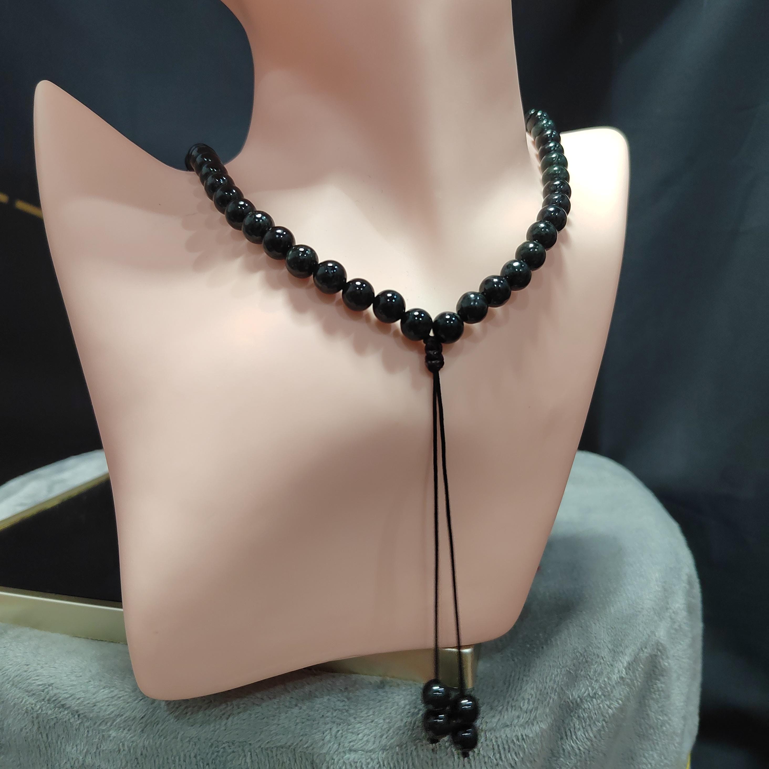 Burmese Black Ink Jadeite Bead Necklace: Natural A-Grade, 8mm FREE 10mm Bead Bracelet SL361NB