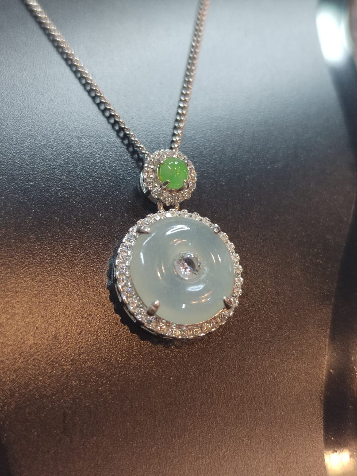 Certified A-Grade Icy White Green Burmese Jadeite Donut Shape Pendant Zirconia on 925 Silver Chain | Minimalist Design | For Her SL8007