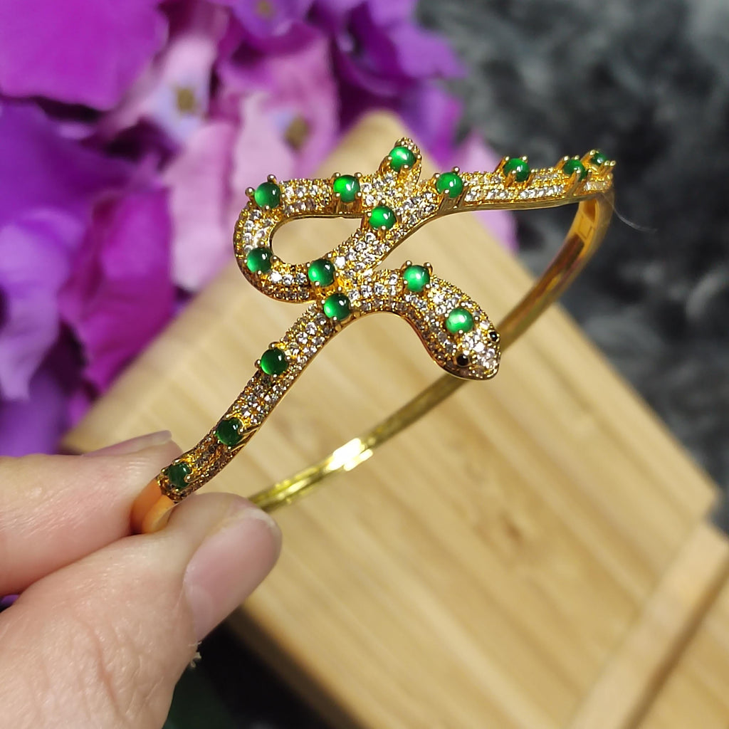 Luxury Snake Design S925 Silver Bangle | Imperial Green Jadeite | 18K Gold Plated SL065 - SL Precious