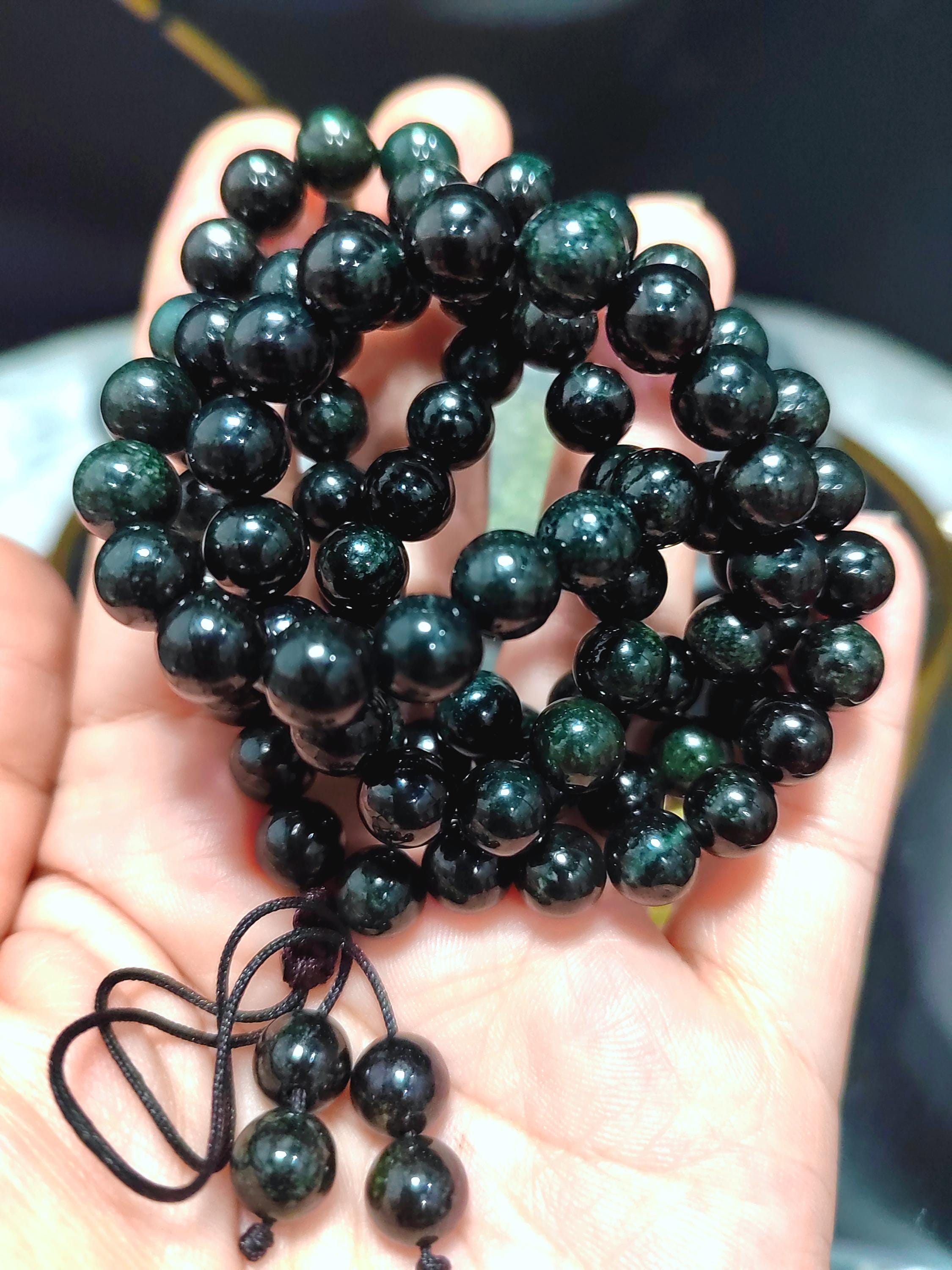 Burmese Black Ink Jadeite Bead Necklace: Natural A-Grade, 8mm FREE 10mm Bead Bracelet SL361NB