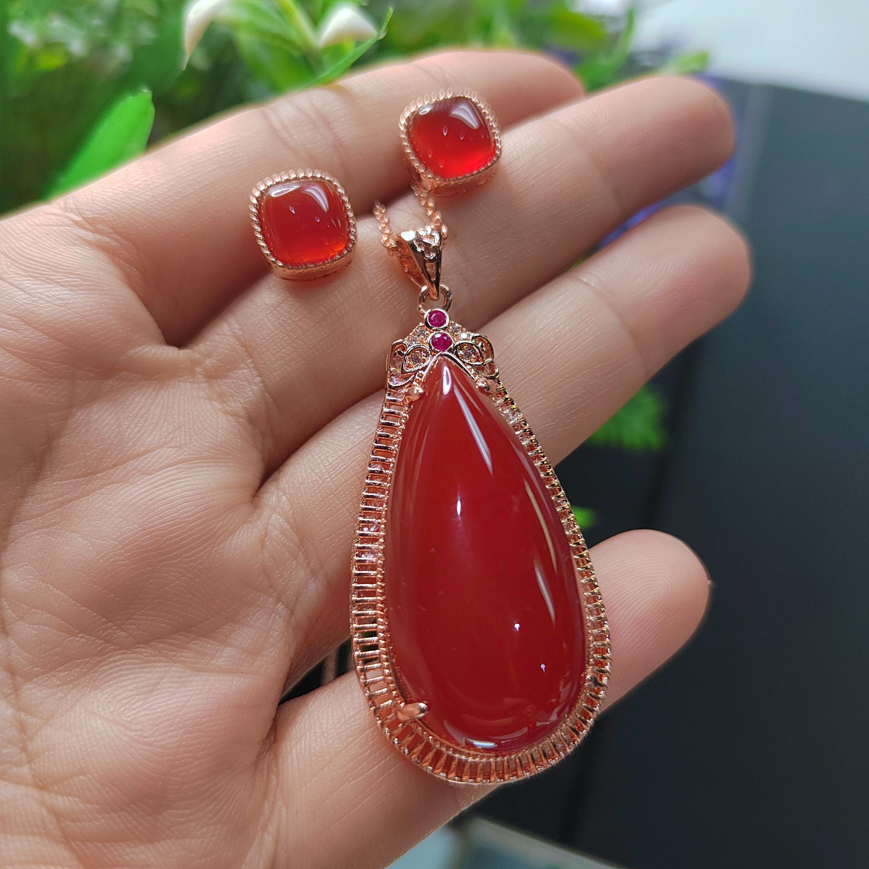 Certified A-Grade Natural Baoshan Nanhong Icy Red Agate Earrings & Large Pendant Set | Top-Quality Southern Red Agate Jewelry SL359