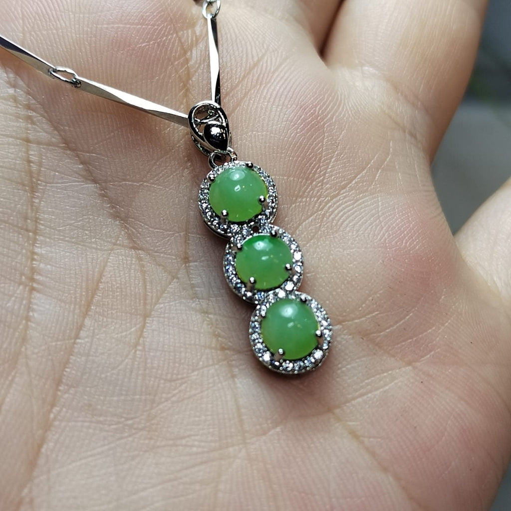 Burmese Jadeite Pendant on 925 Silver Chain - Glowing Trinity Design with Zirconia Accent SL038