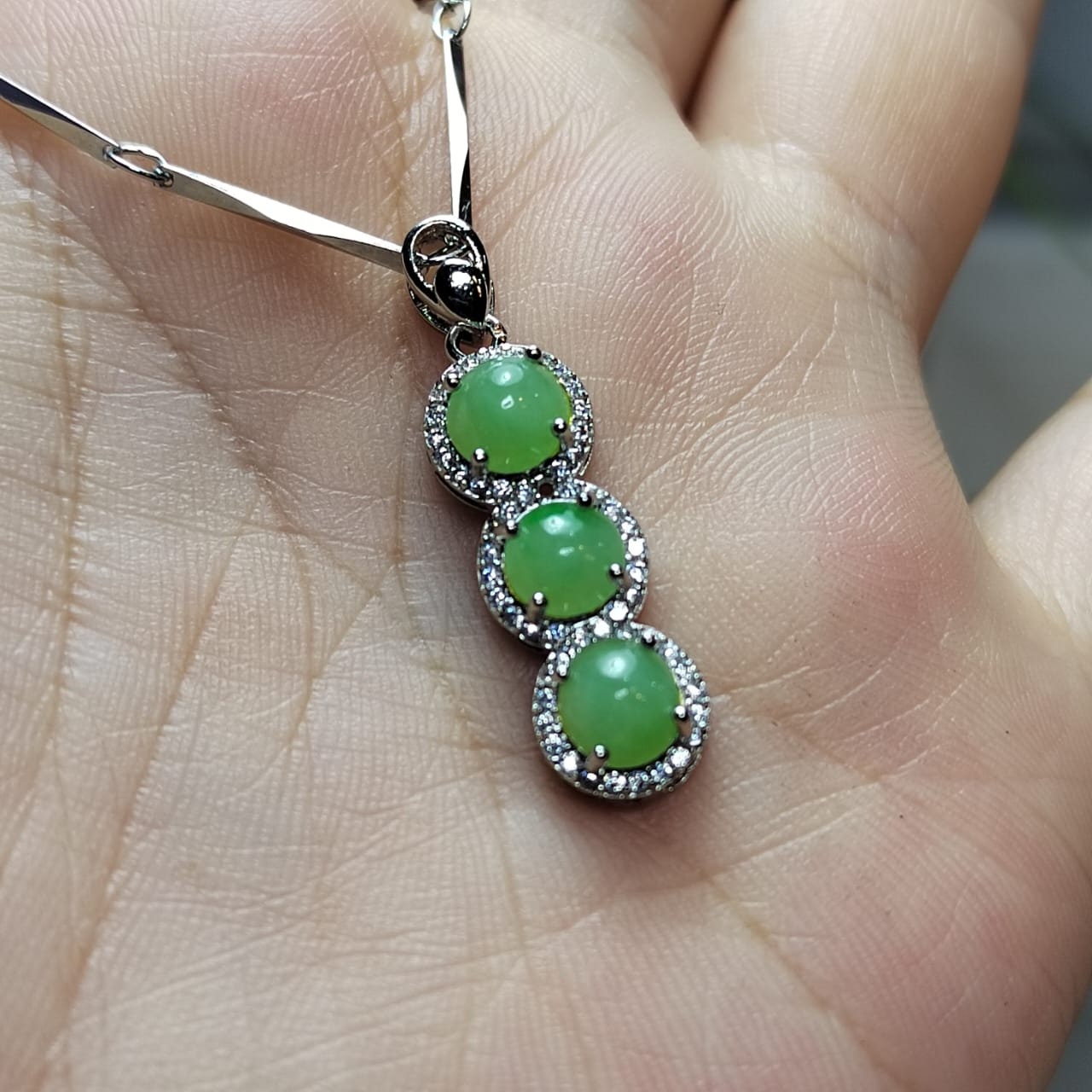 Burmese Jadeite Pendant on 925 Silver Chain - Glowing Trinity Design with Zirconia Accent SL038