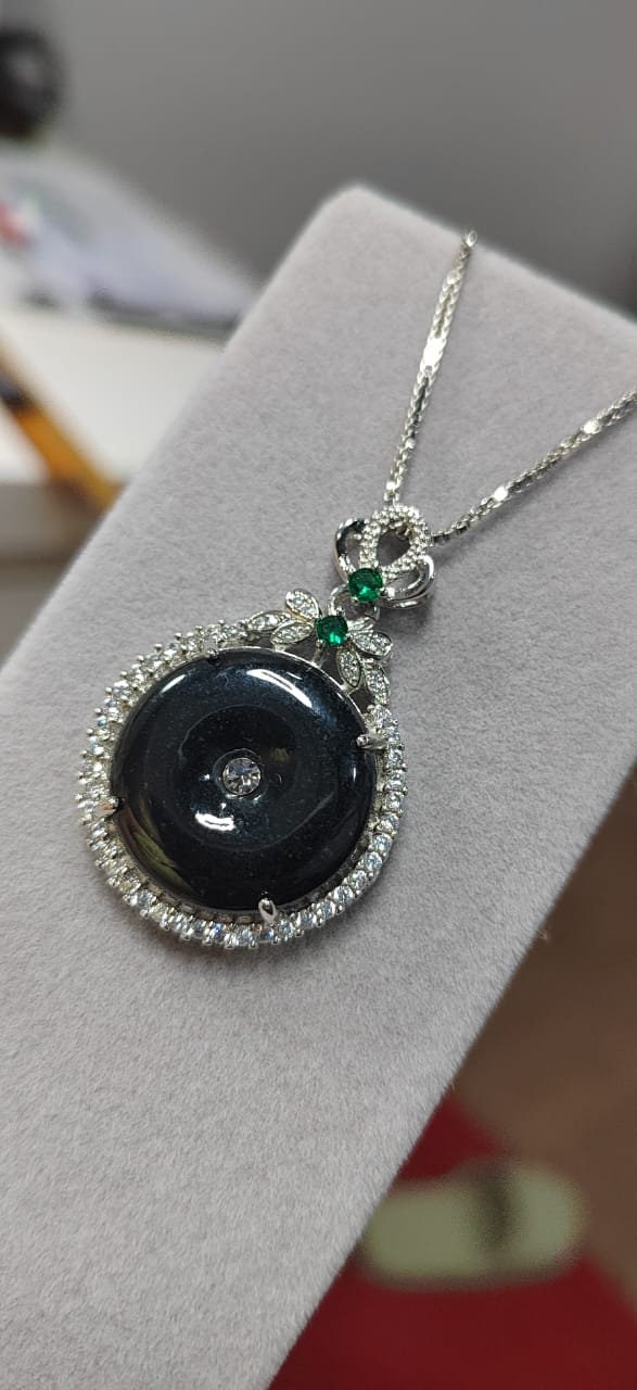 Certified A-Grade Necklace Natural Gemstone Untreated Black Ink Donut Shape Jadeite Zirconia Accents on 18K White Gold For Her Gifts SL059 - SL Precious