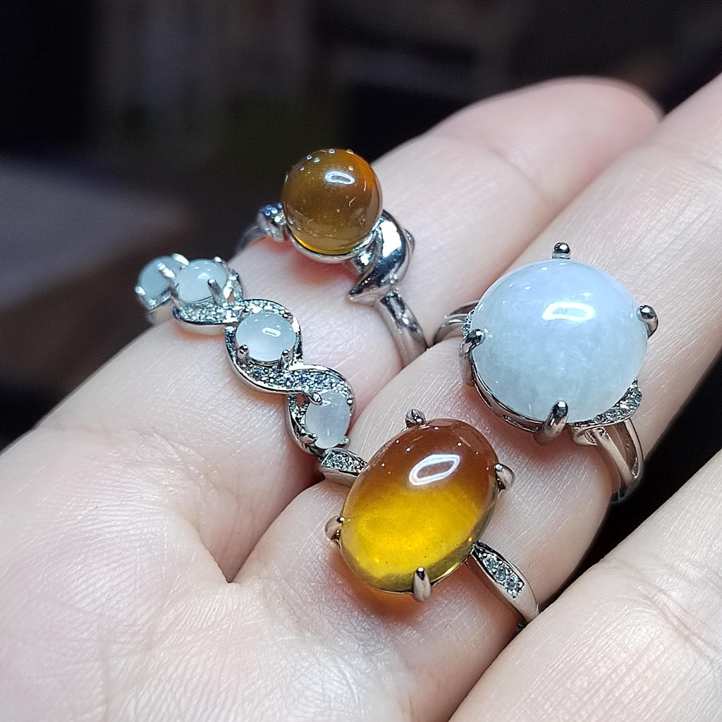 Burmese Blue Amber & Jadeite Ring Set: 18K Gold-Plated S925 Silver, Adjustable SL417