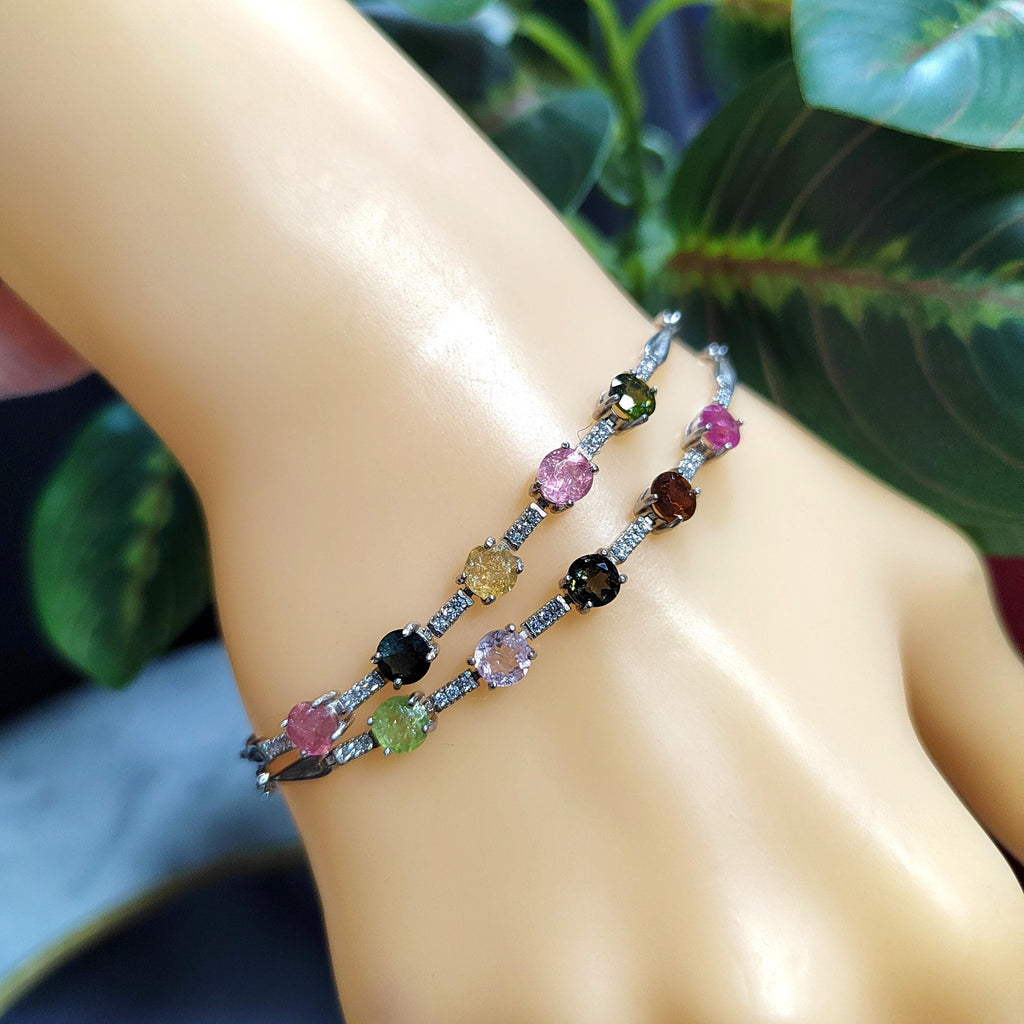 Beautiful 4 Colors Tourmaline Beads with Zirconia Accents S925 Silver Bracelet Minimalist For Her SL050 - SL Precious