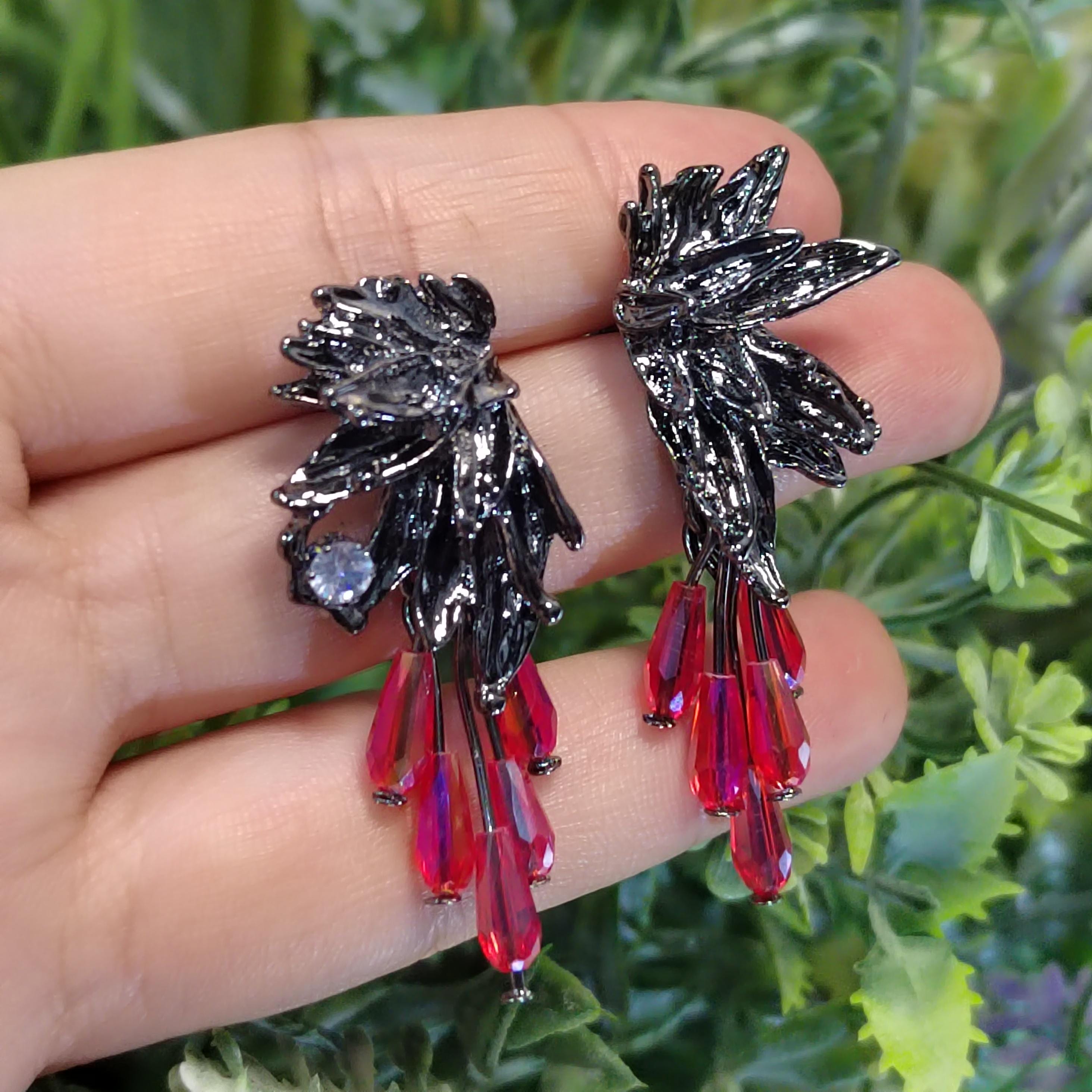 Super Trendy Designs Earrings | Black Silver Plated Zircon Red Glass Bead | Party, Anniversary, Wedding, Casual | For Her SL156 - SL Precious