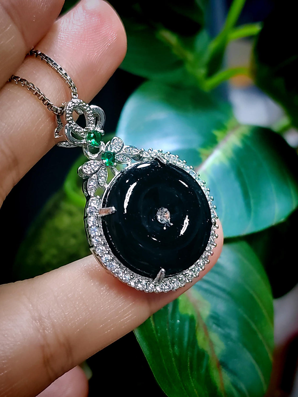 Certified A-Grade Necklace Natural Gemstone Untreated Black Ink Donut Shape Jadeite Zirconia Accents on 18K White Gold For Her Gifts SL059 - SL Precious