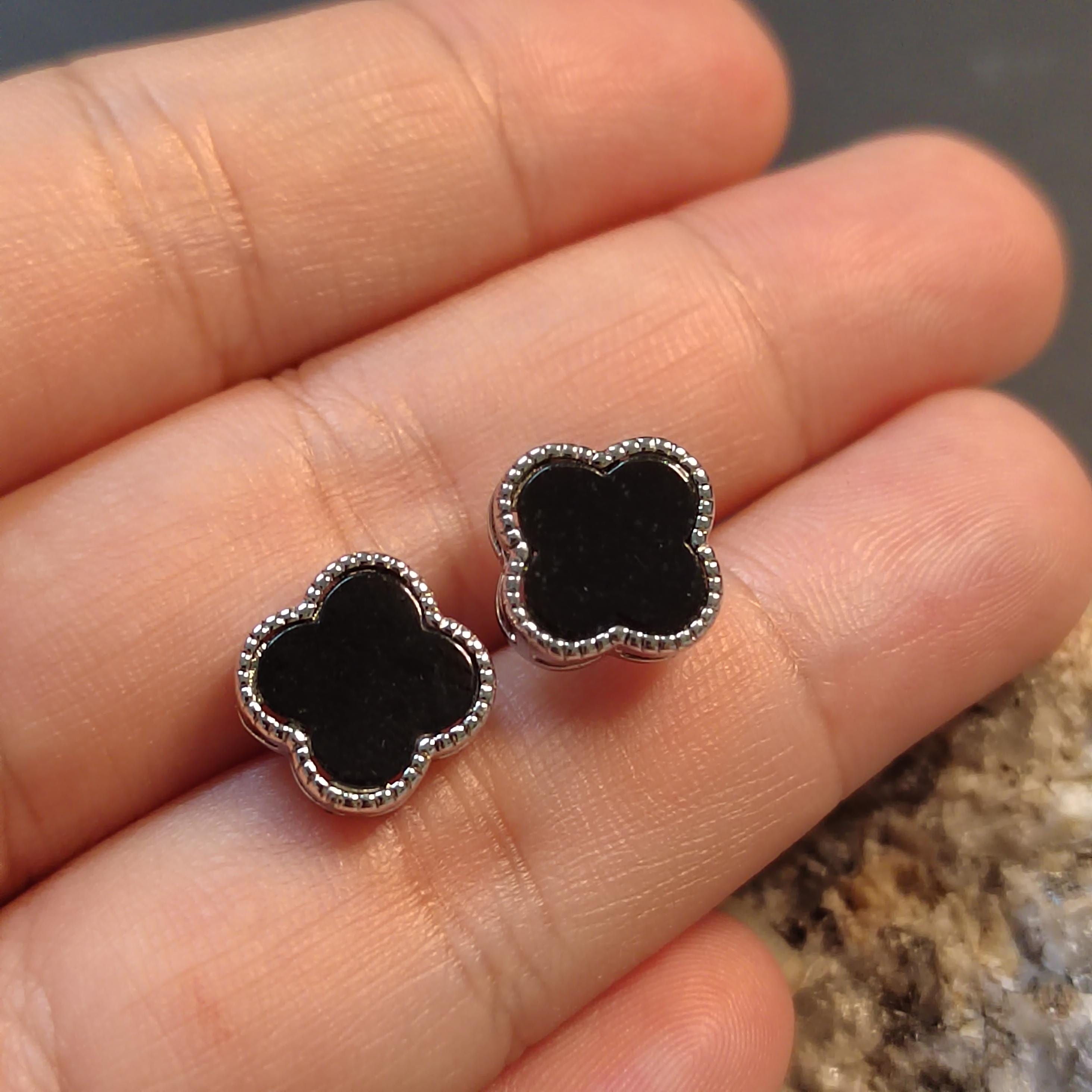 Certified A-Grade Minimalist Natural Untreated Burmese Black Ink Jadeite S925 Lucky Flower  Stud Earrings Jadeite SL257X16