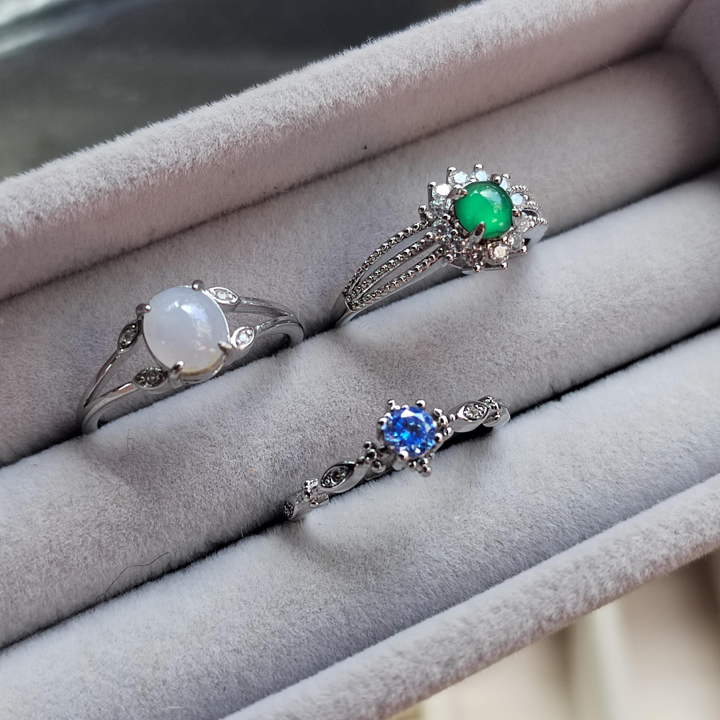 3pcs Set – Burmese White Jadeite, Guatemala Green Jadeite & Blue Topaz Rings | S925 Silver | Elegant Mixed Energy Trio | SL408