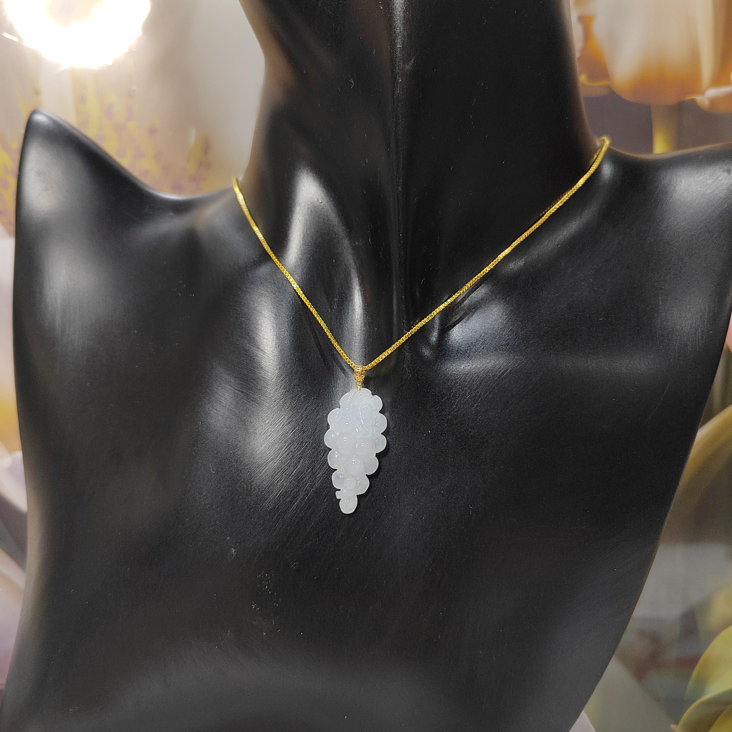 Burmese Natural A Grade White Jadeite Grapes Carved Gemstone with 18K Solid Yellow Gold Setting - Gifts for Her, SL025