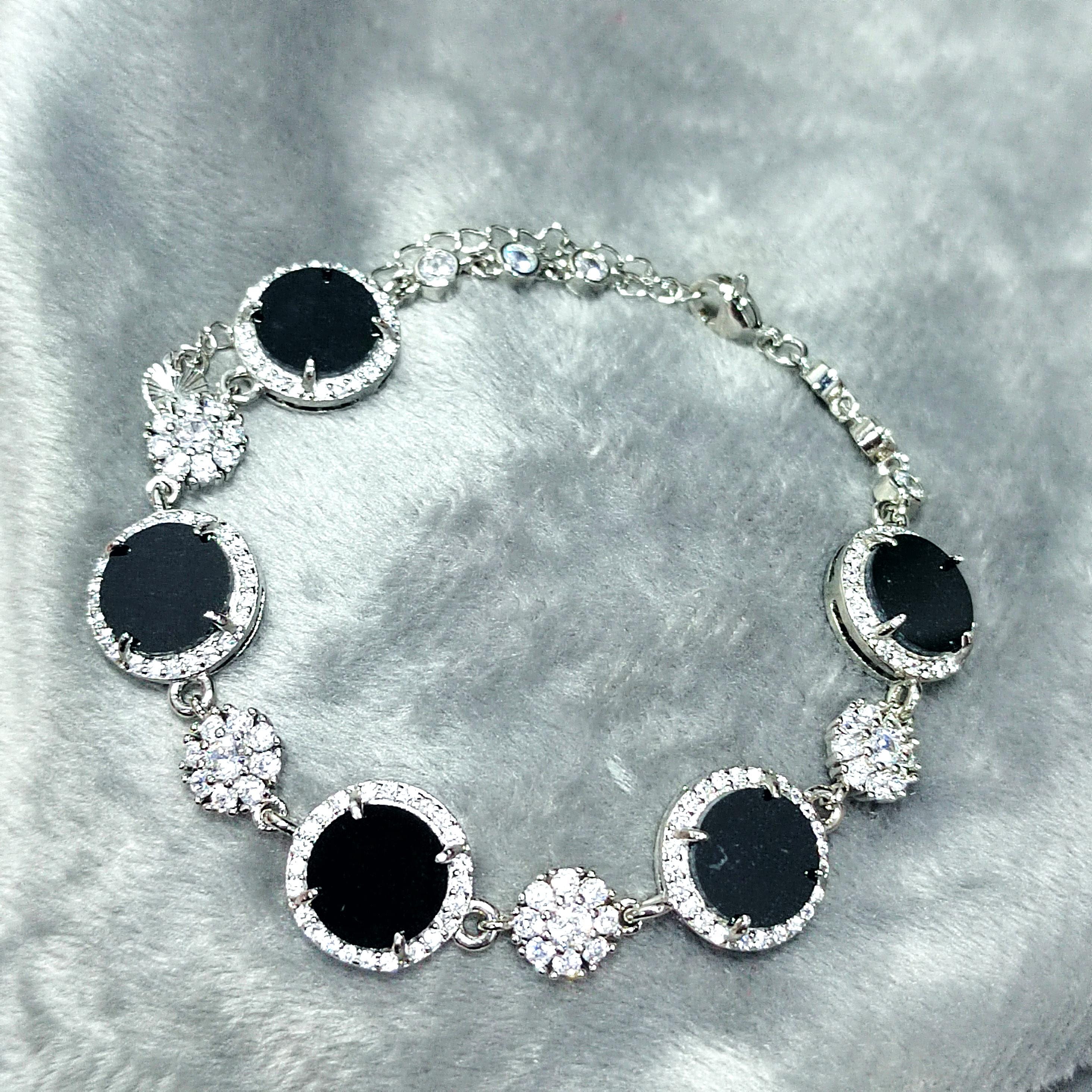 Certified Unique Natural Untreated Burmese Black Ink Jadeite Bracelet Full with Zircon Stone Set SL373