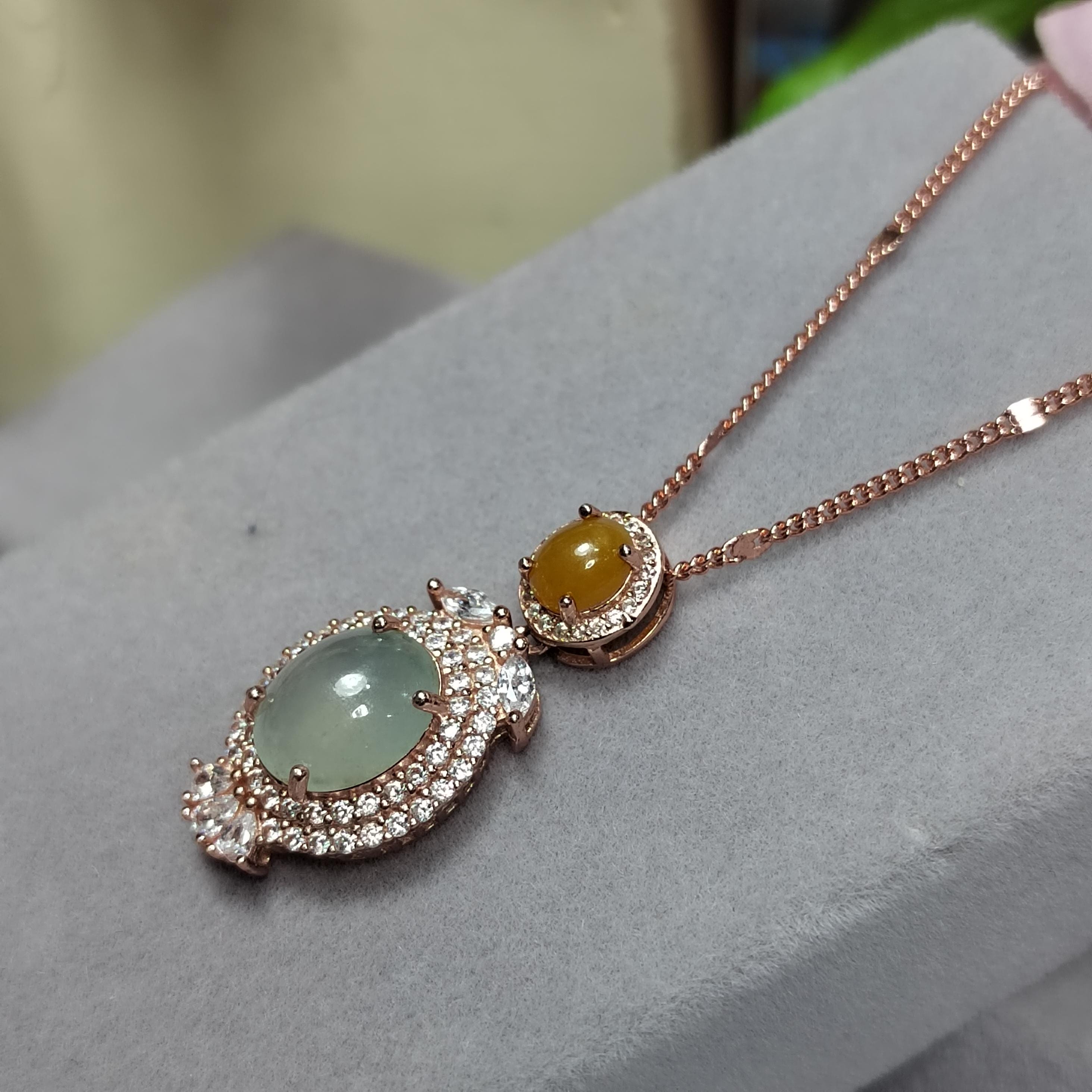 A Grade Women Natural Gemstone Untreated Burmese Yellow & Icy White Jadeite Pendant 925 Sterling Silver with 18k Rose Gold Plated SL094