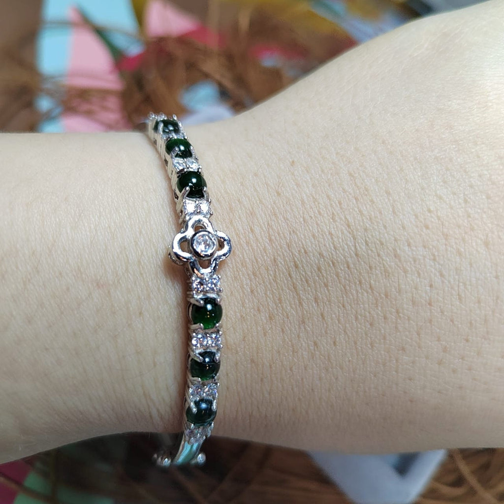 6 Spherical Dark Green Guatemala Jadeite & Zirconia Bangle | 925 Silver | Elegant Design SL037