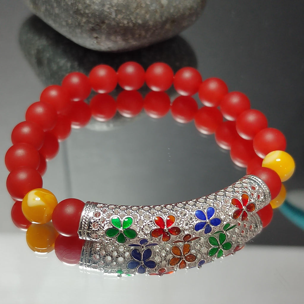 Natural Southern Nanhong Agate Matte, Russia Baltic Beeswax Amber, S9999 Silver Plated Tube Enamel Craftsmanship Bracelet SL334