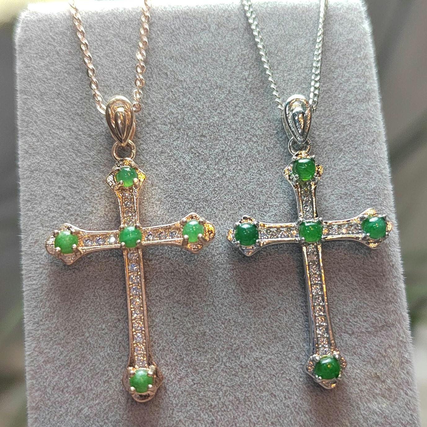 Natural Burmese Jadeite Apple Green, Imperial Green & Bright Green 925 18k White/Rose Gold Christian Cross Pendant/Chain Jewelry SL030 - SL Precious