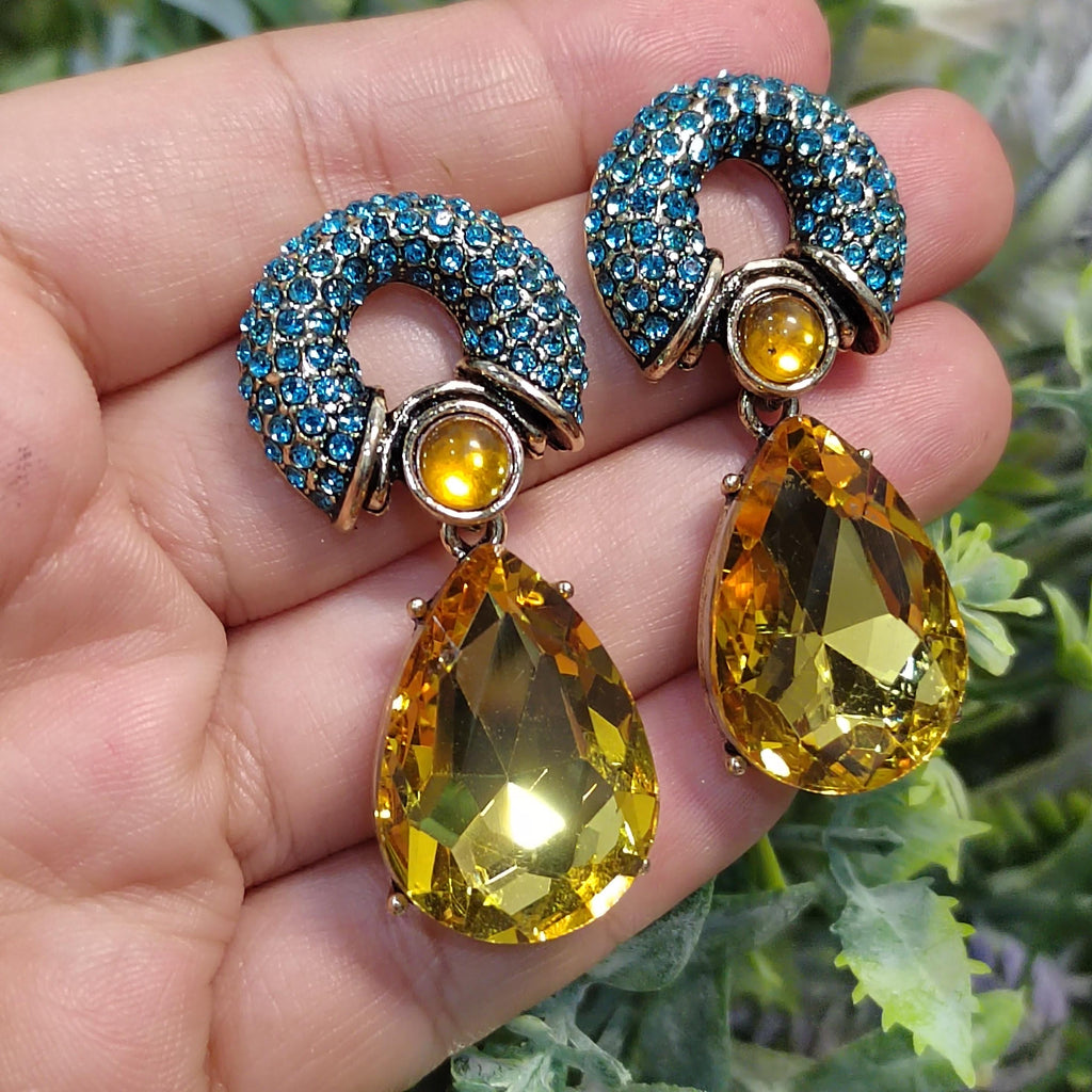 Rhinestone 925 Silver Stud Chucky Earrings Luxury Blue Yellow Wedding, Anniversary, Party, Casual SL158 - SL Precious